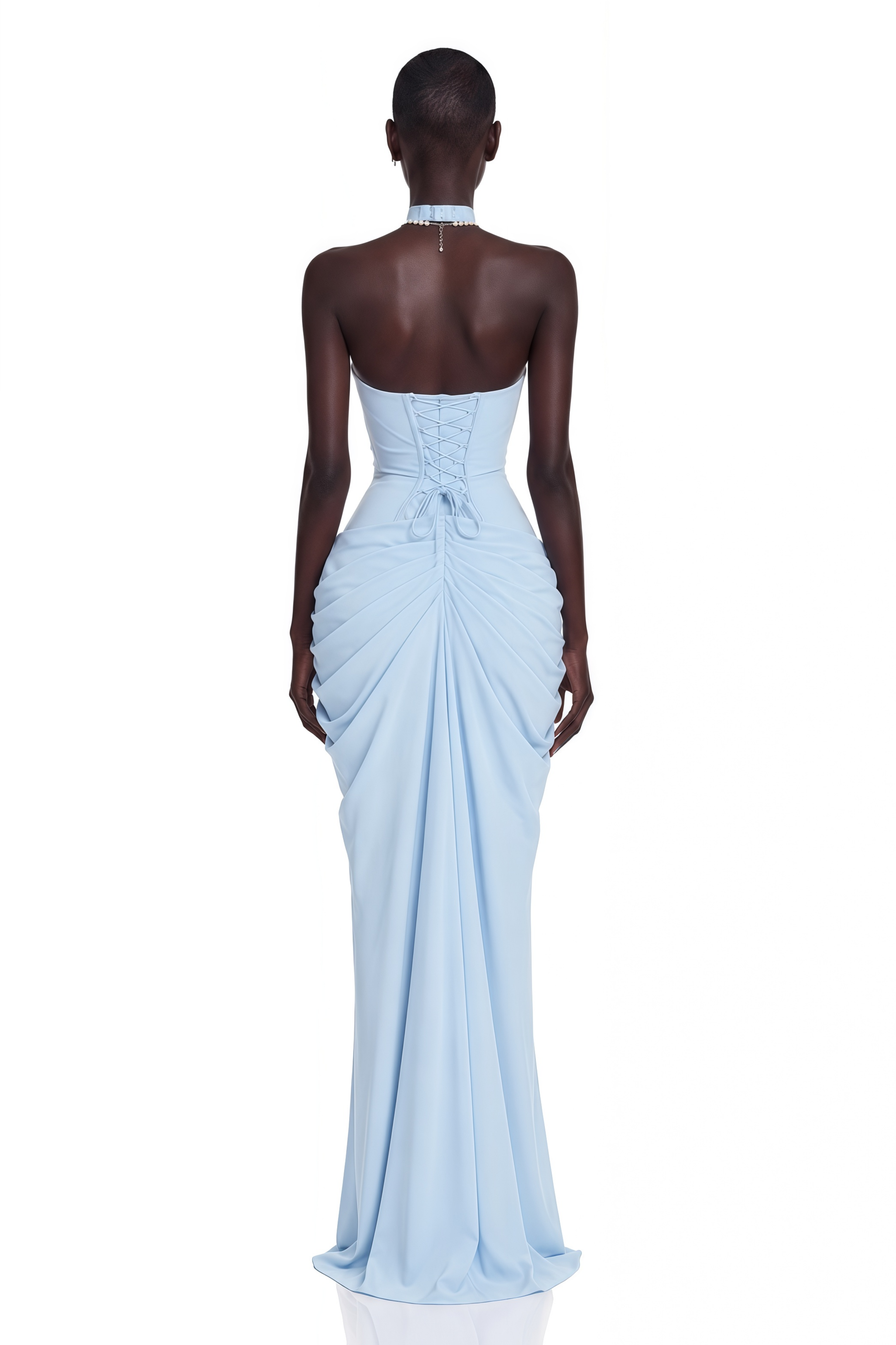 Ombeline Blue Halterneck Ruched Maxi Dress with Slit