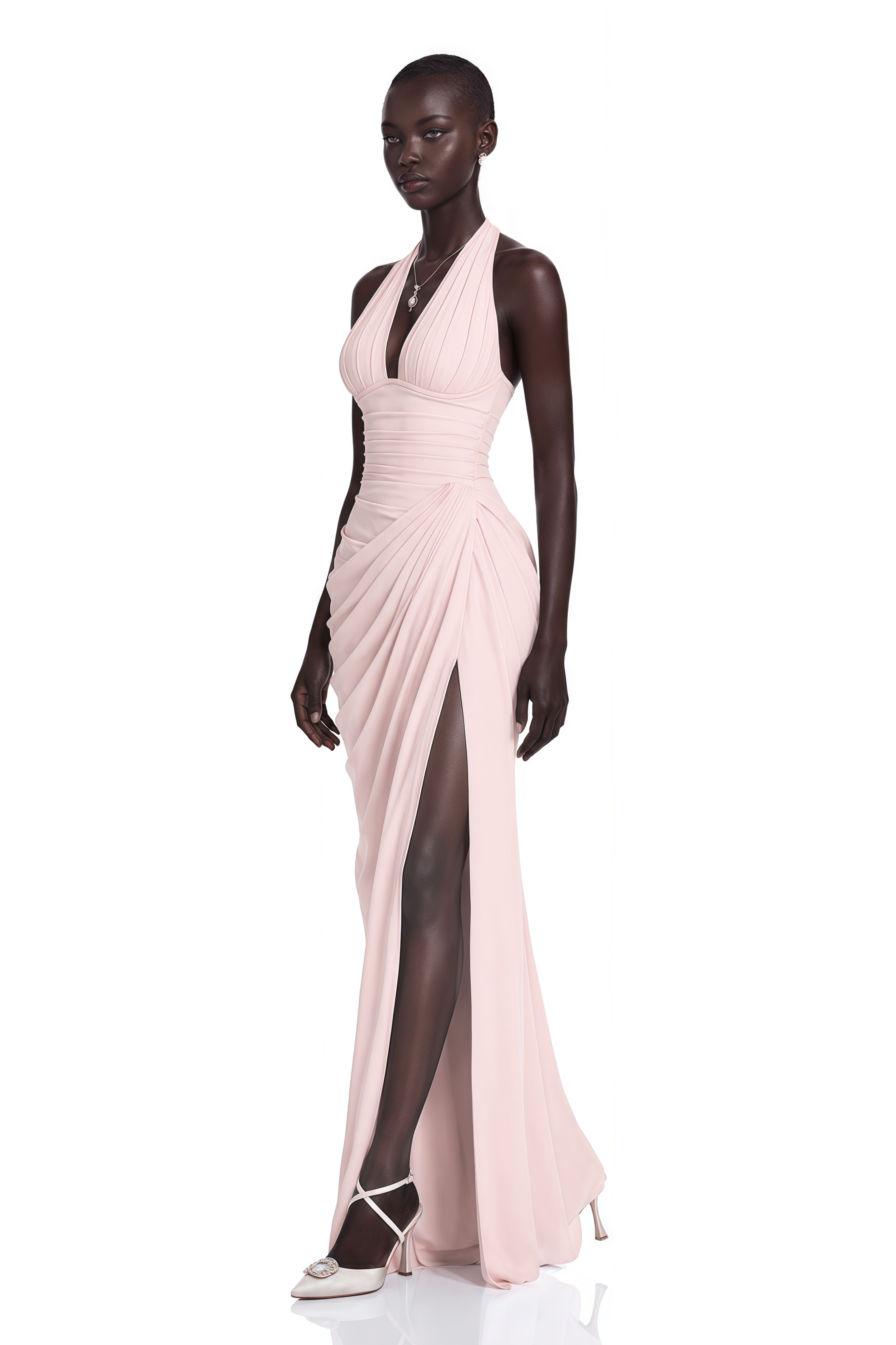 Ombeline Pink Halterneck Ruched Maxi Dress with Slit