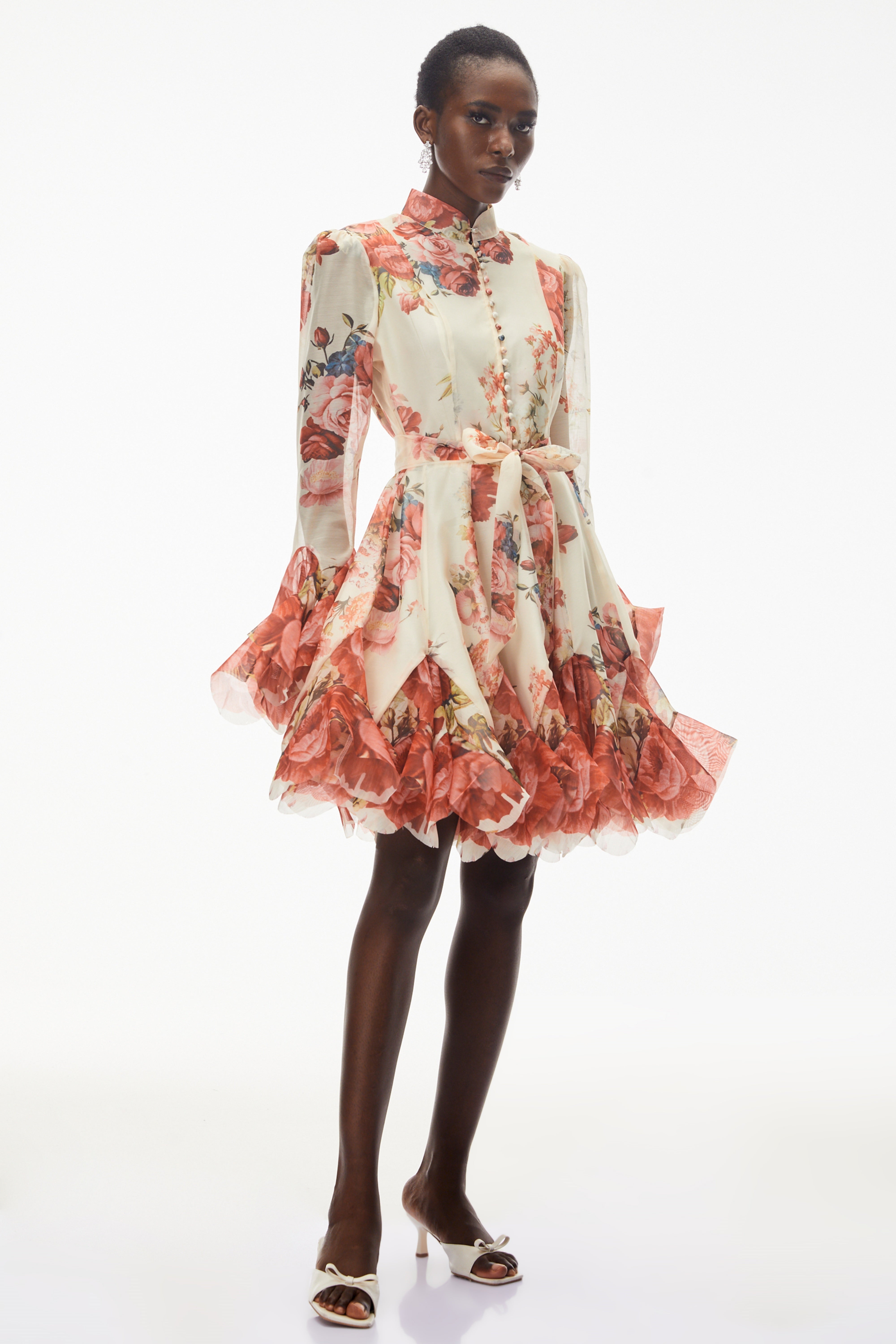 Omphale Cream Floral Lace Mini Dress with Tie-Front