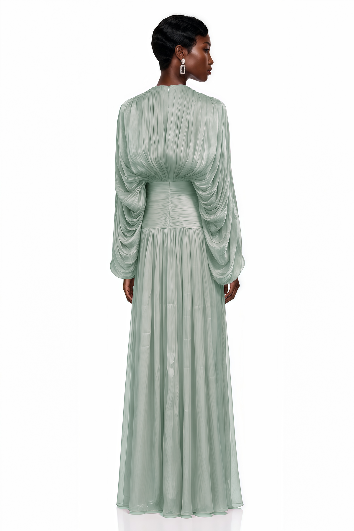 ophelia green pleated glossy maxi dress