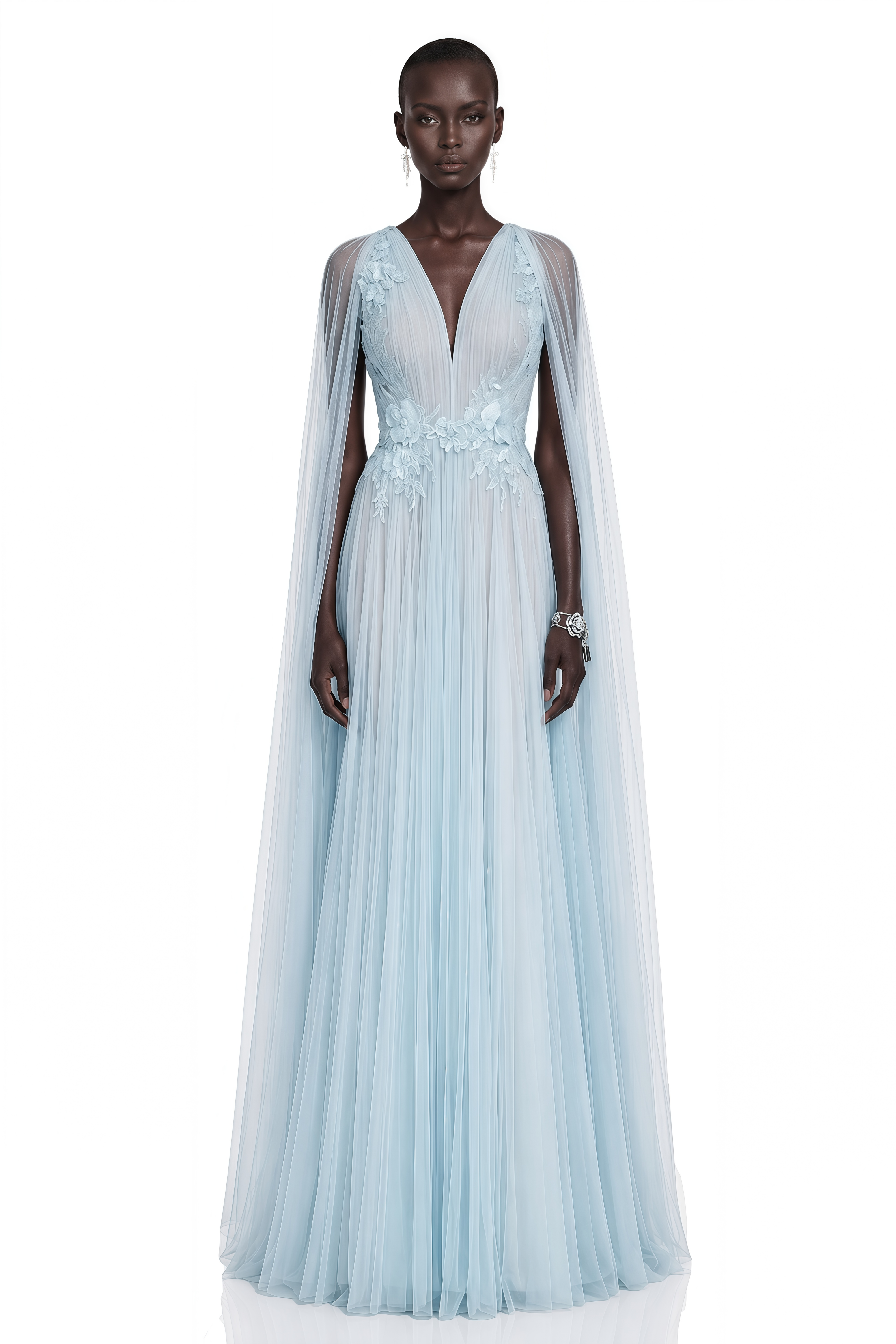 Ophelia Ice Blue Mesh Ruched Maxi Dress with Cape