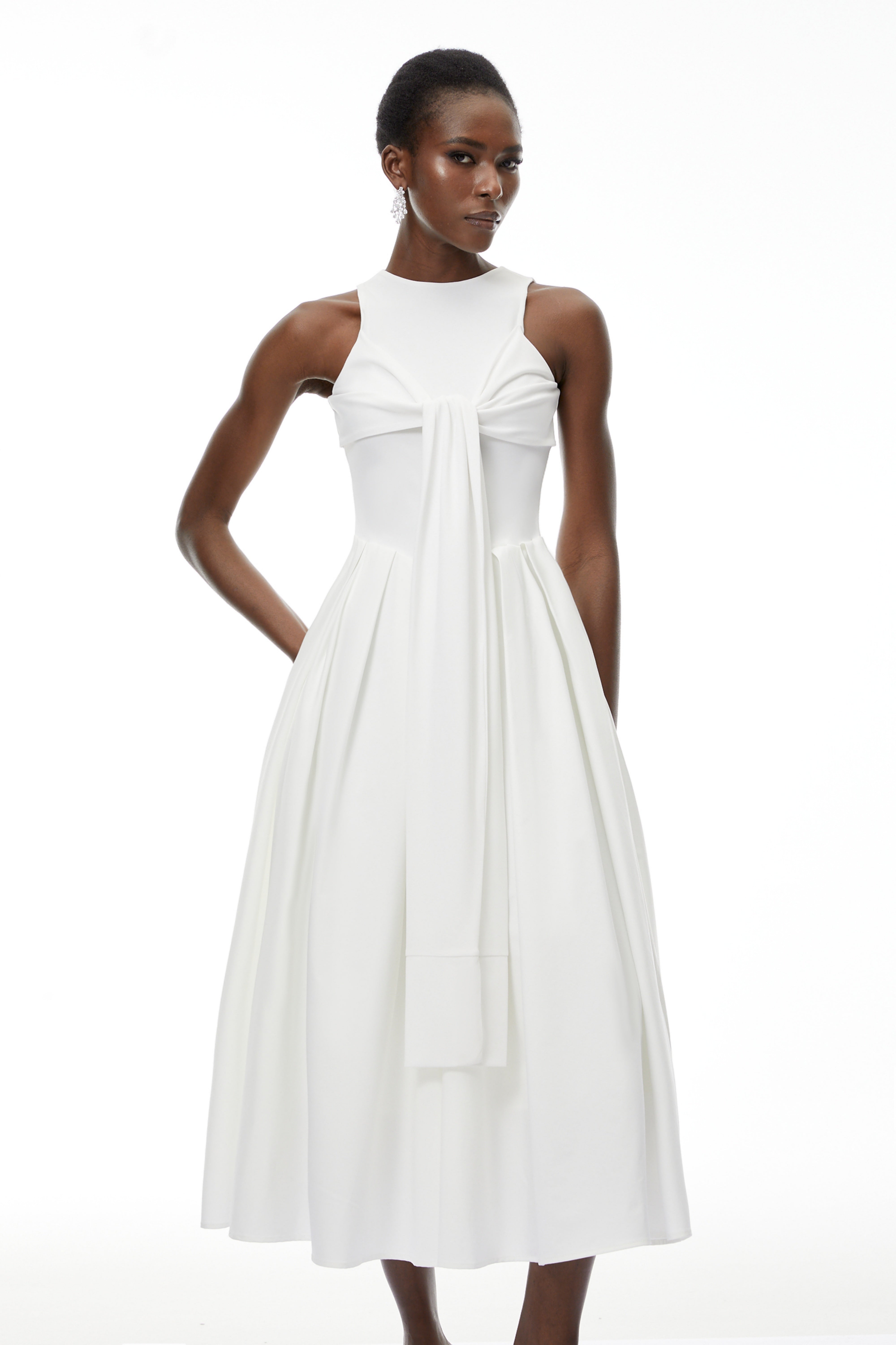 Ophelia White Pleated Midi Dress with Self-tie