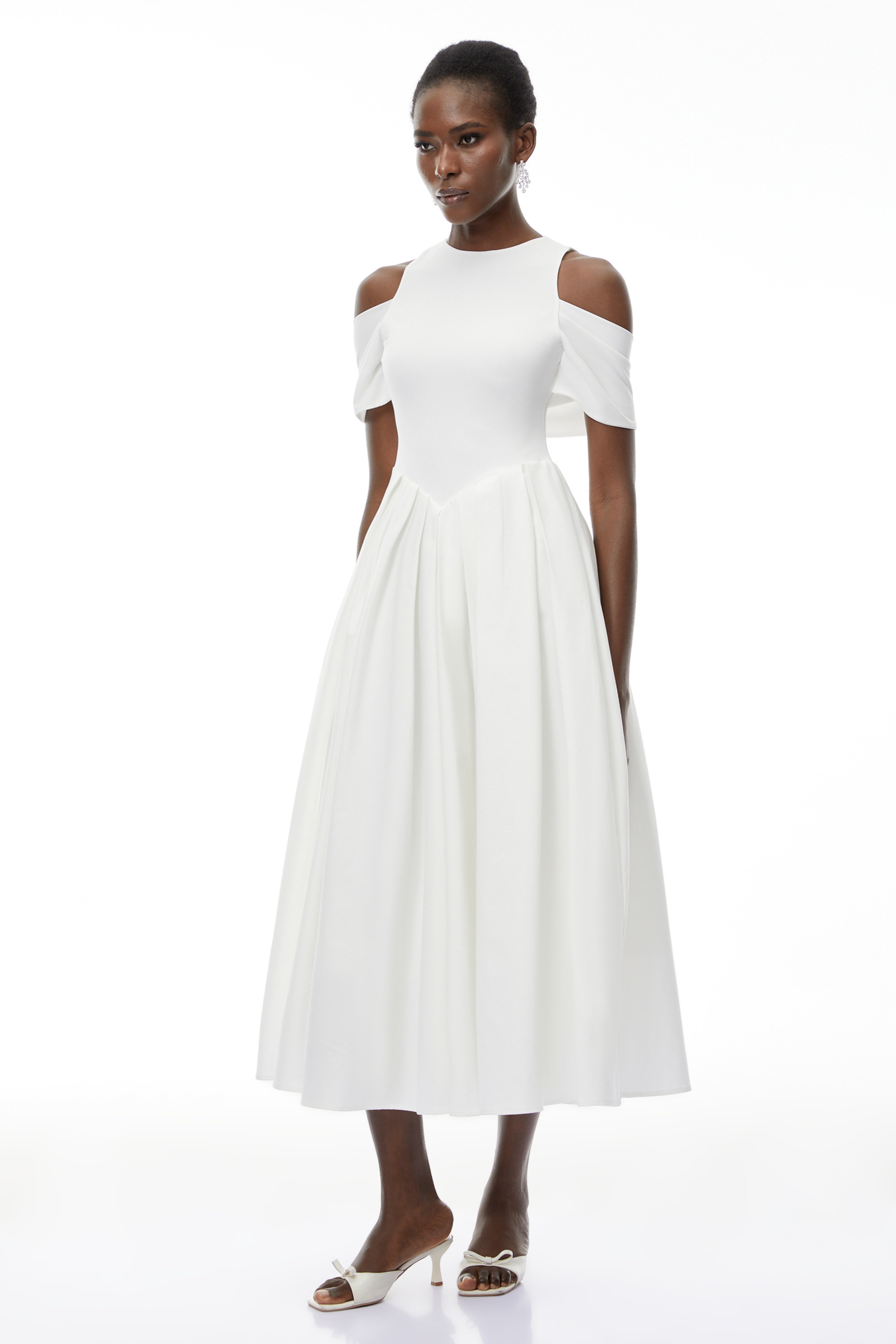 Ophelia White Pleated Midi Dress with Self-tie