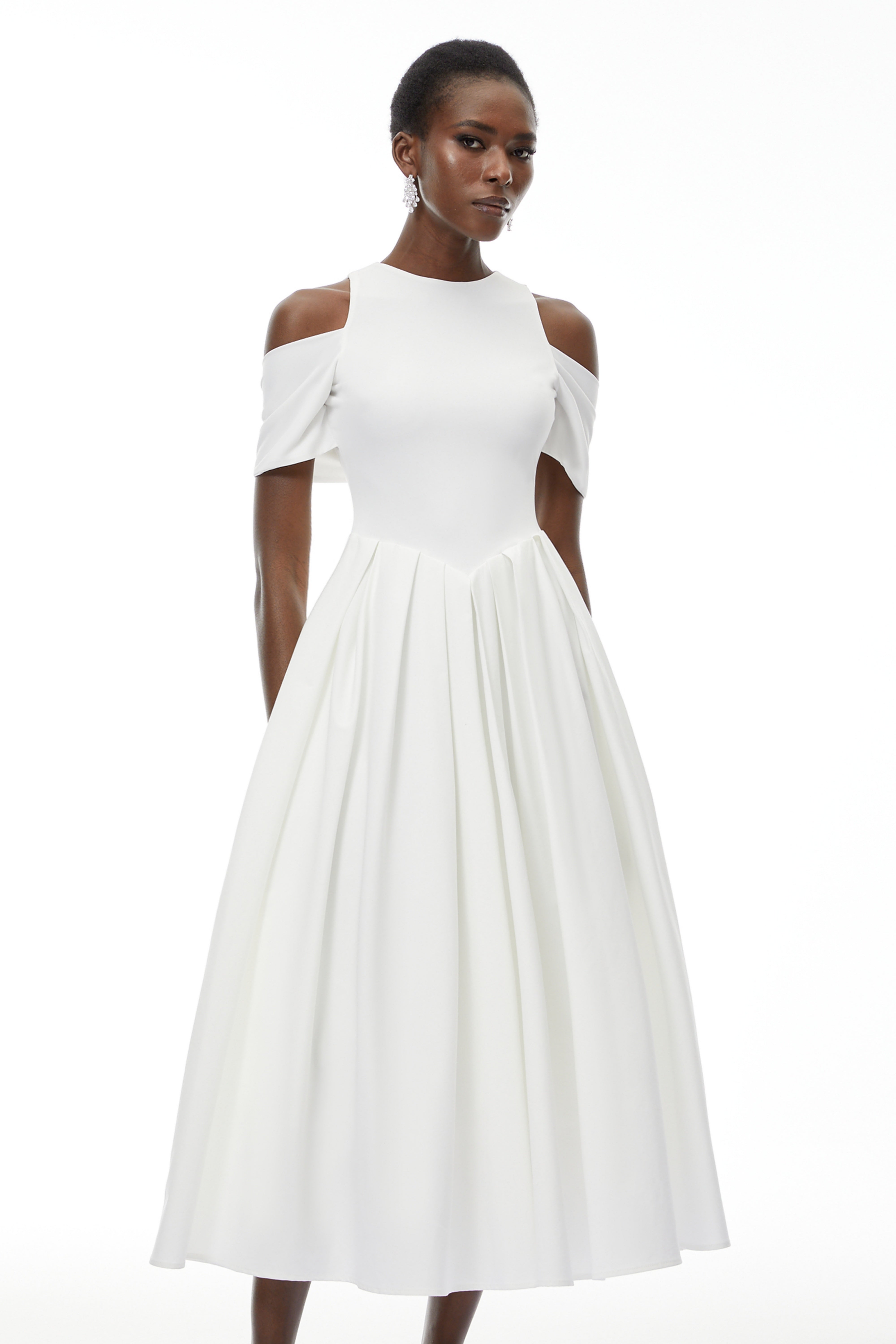 Ophelia White Pleated Midi Dress with Self-tie