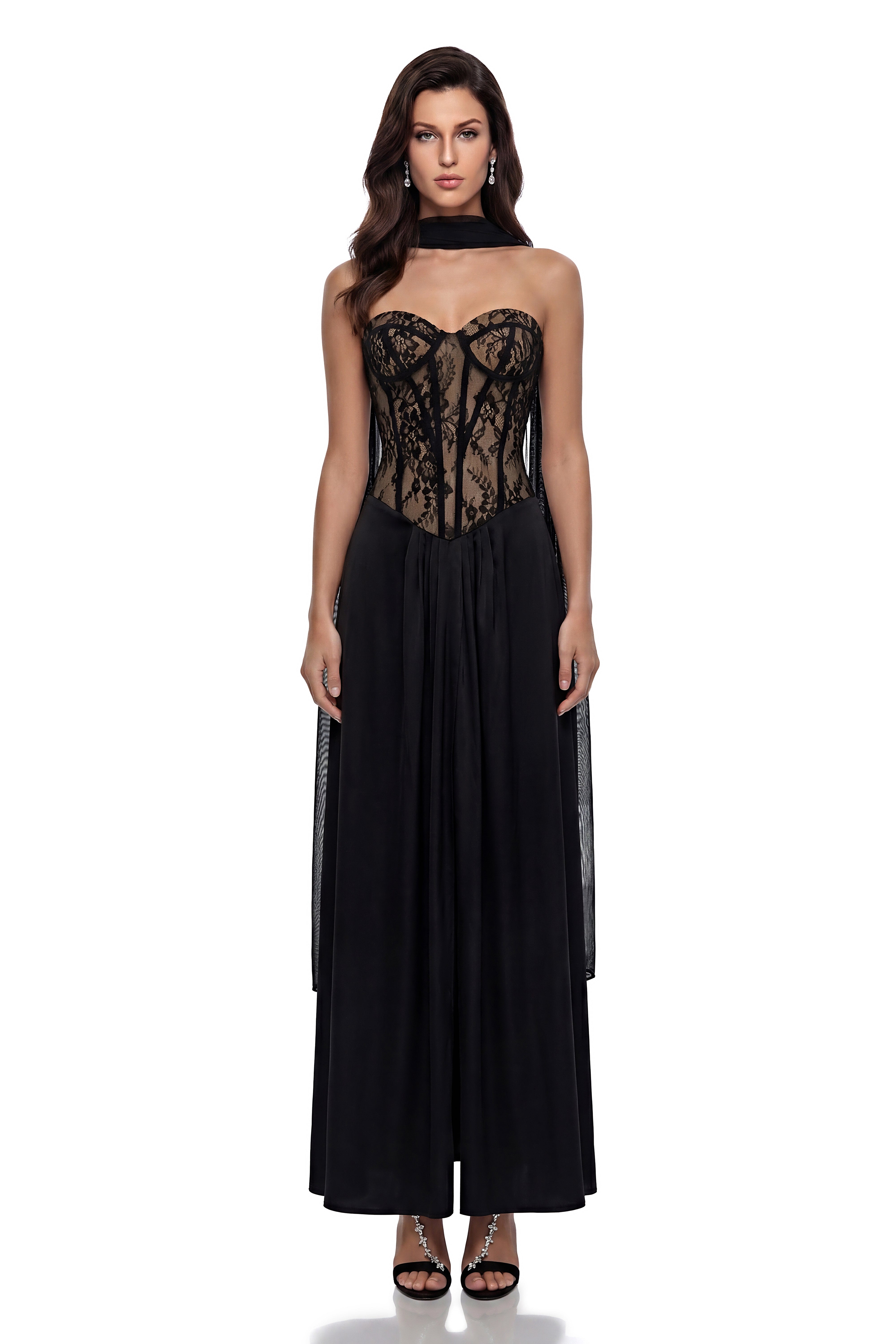 Oria Black Semi-Sheer Lace Panel Maxi Dress