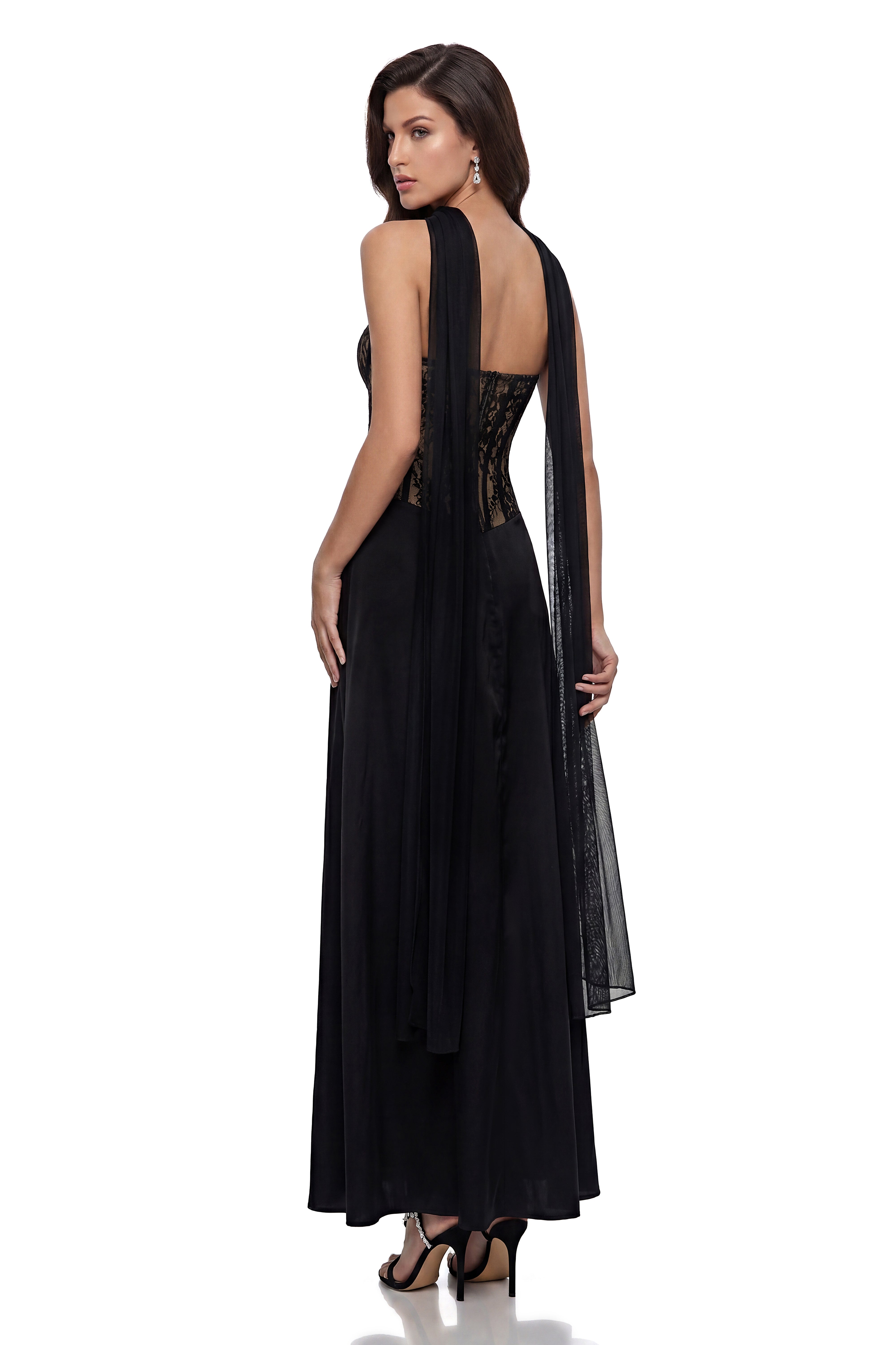 Oria Black Semi-Sheer Lace Panel Maxi Dress