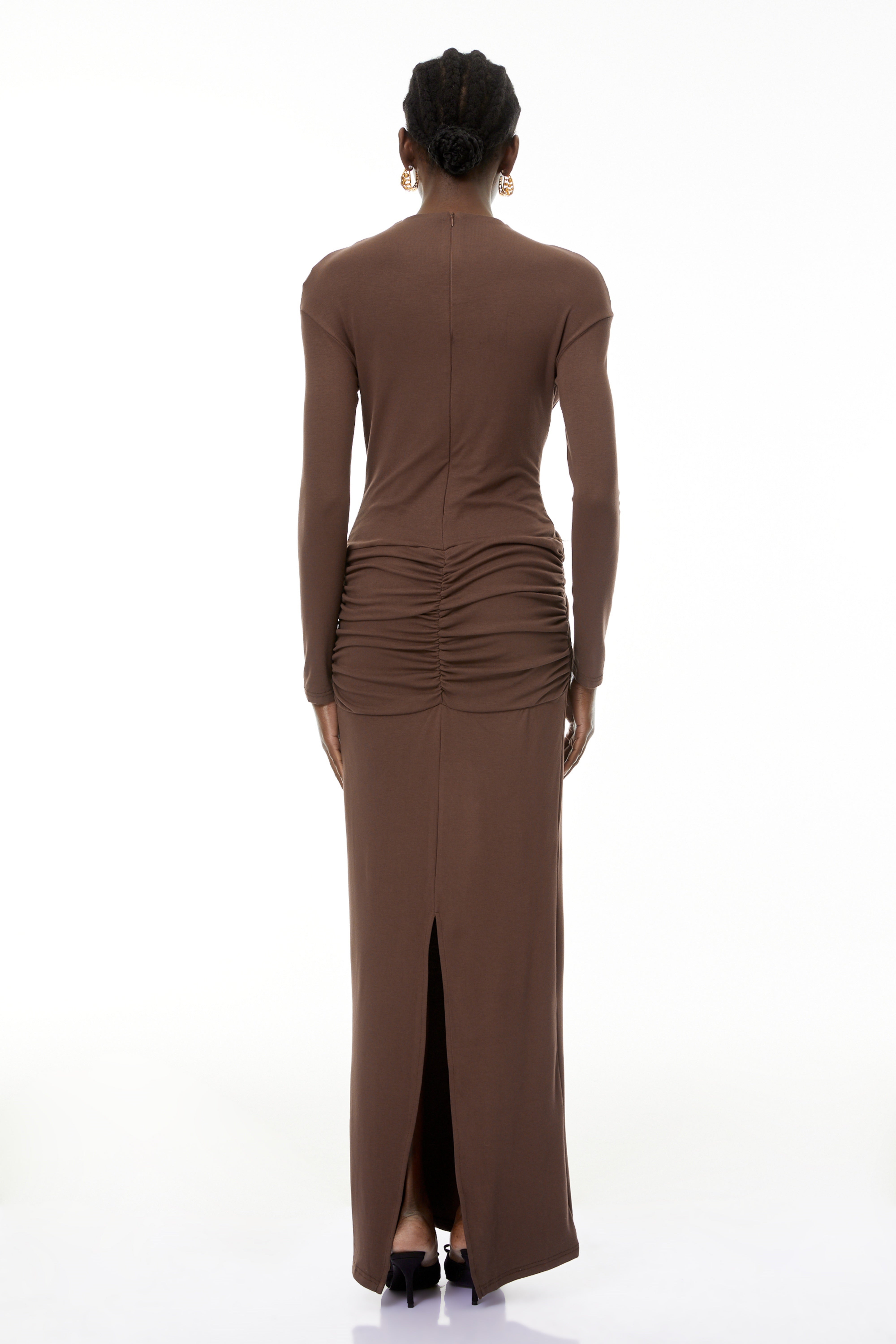 Oriane Brown Cross Front Ruched Maxi Dress