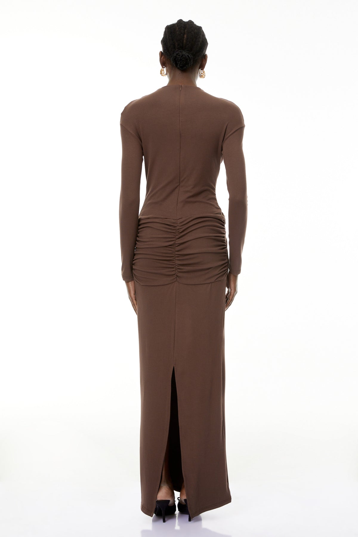 Oriane Brown Cross Front Ruched Maxi Dress