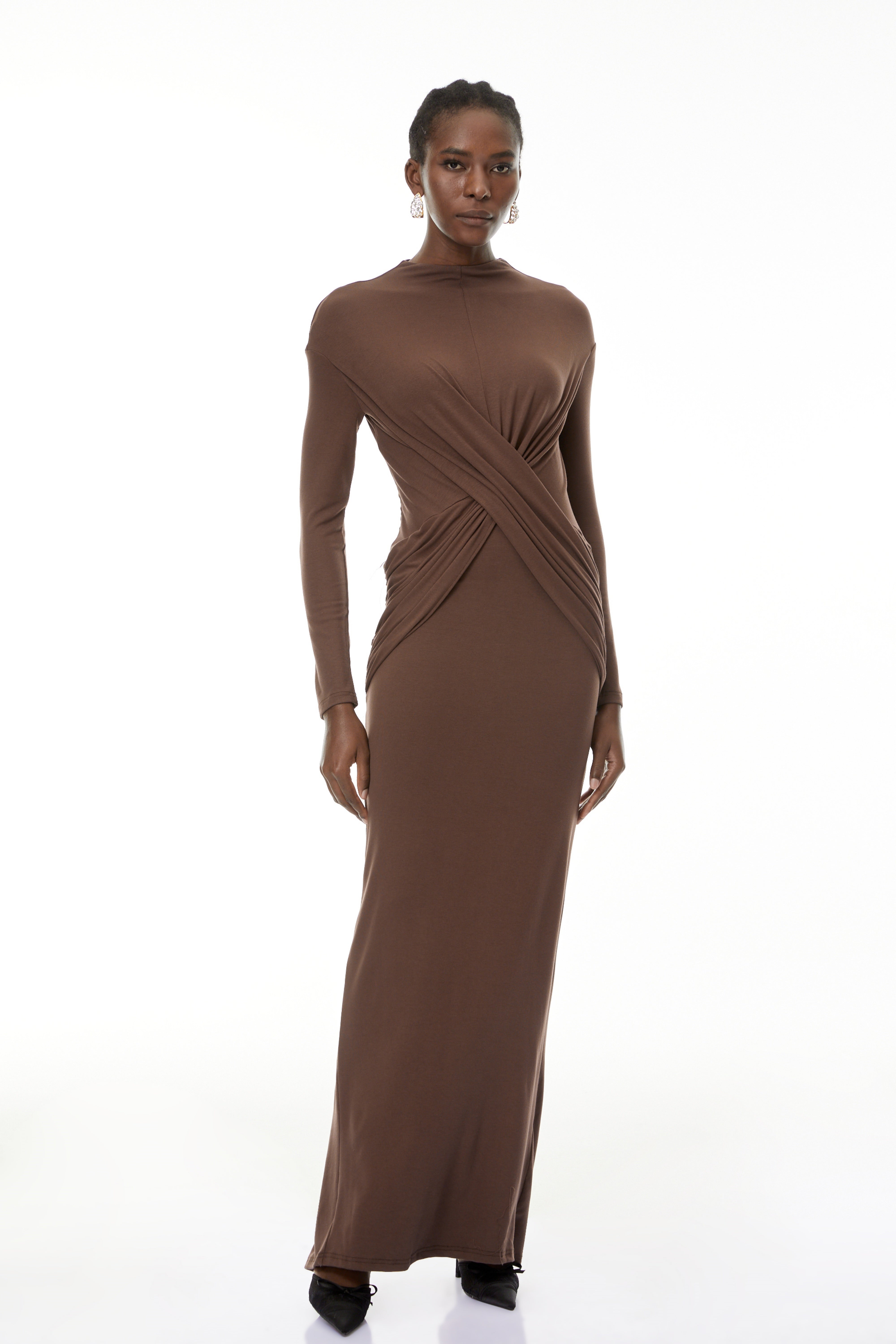 Oriane Brown Cross Front Ruched Maxi Dress