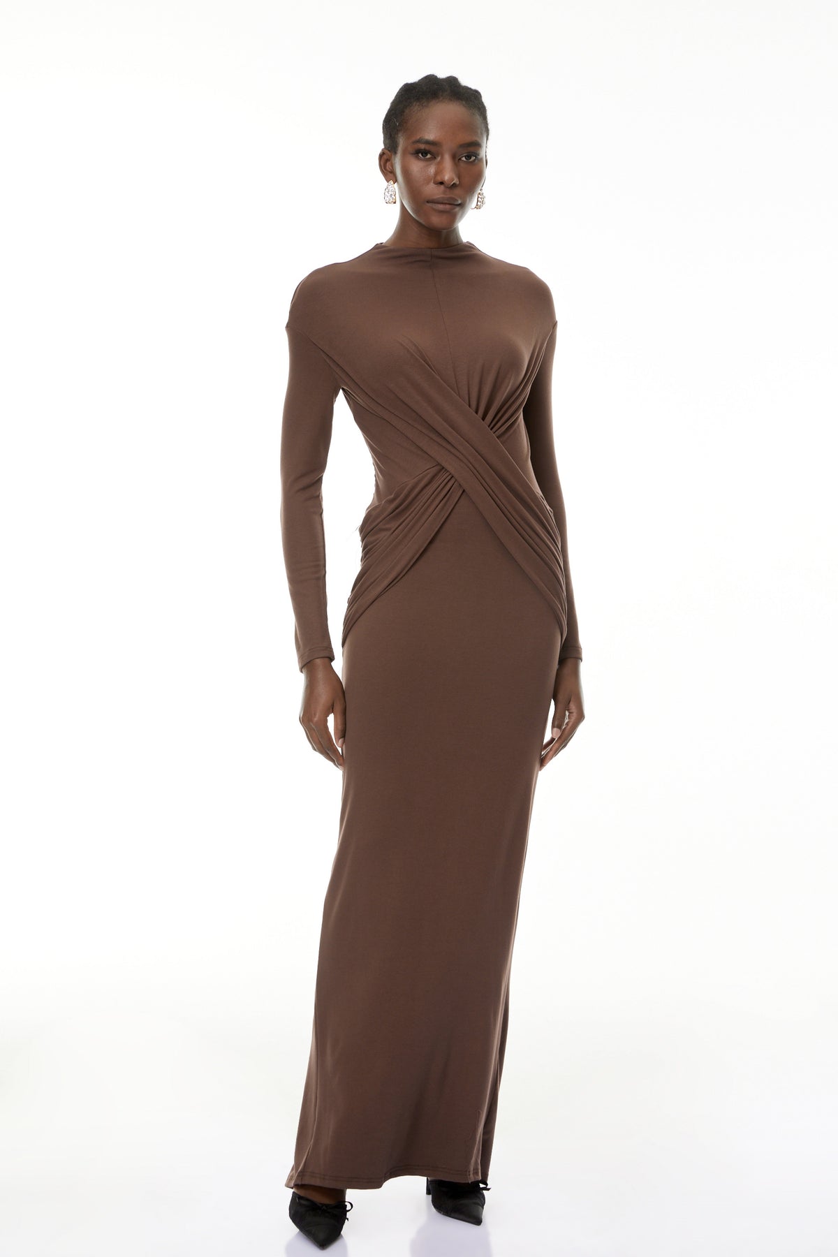 Oriane Brown Cross Front Ruched Maxi Dress