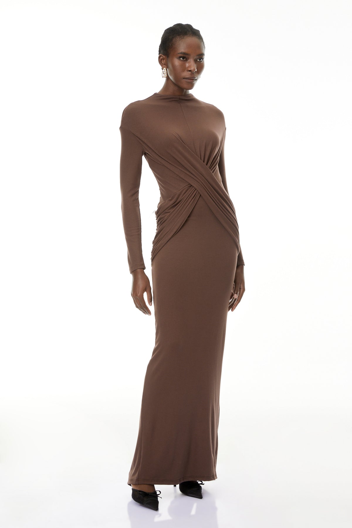 Oriane Brown Cross Front Ruched Maxi Dress