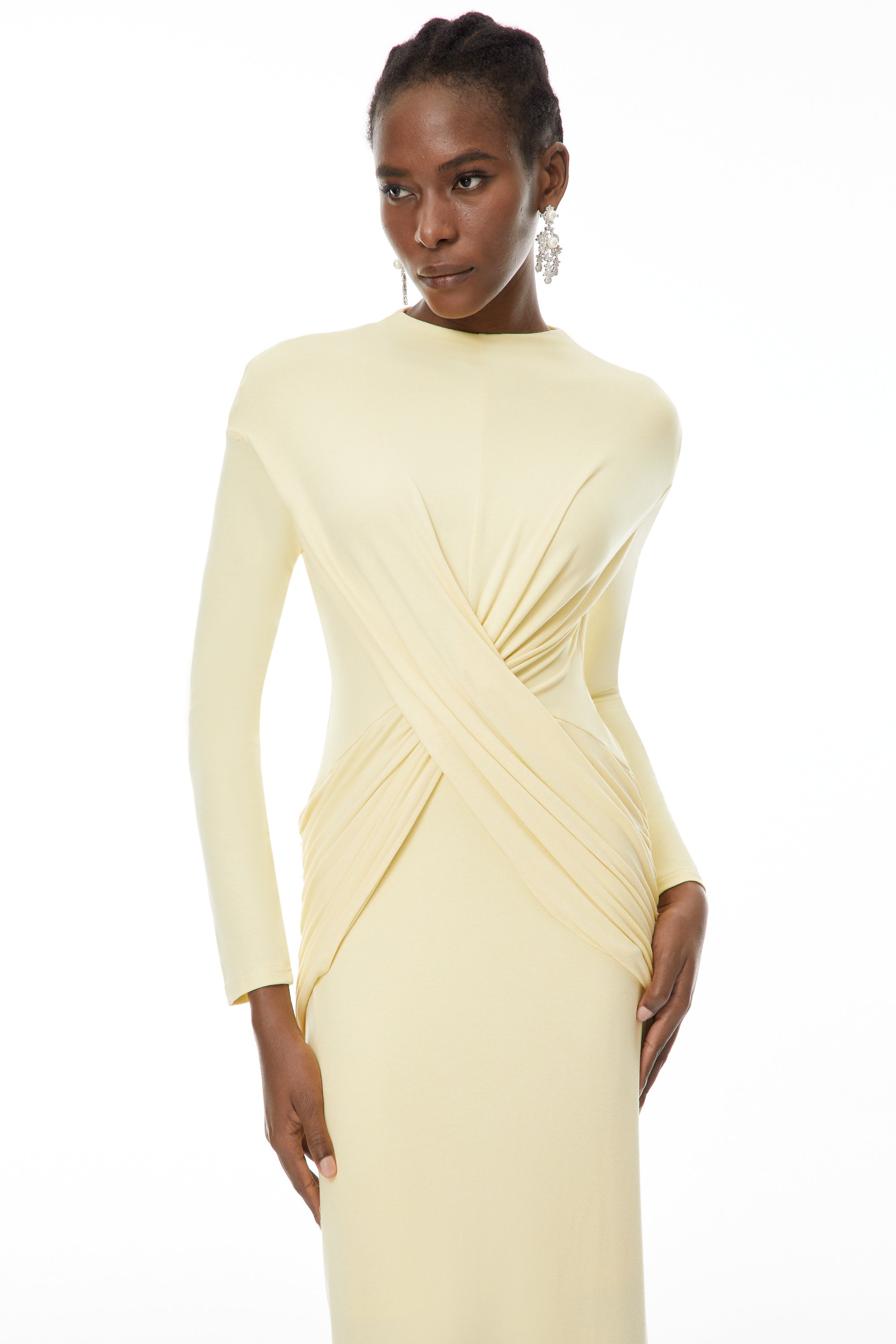 Oriane Yellow Cross Front Ruched Maxi Dress