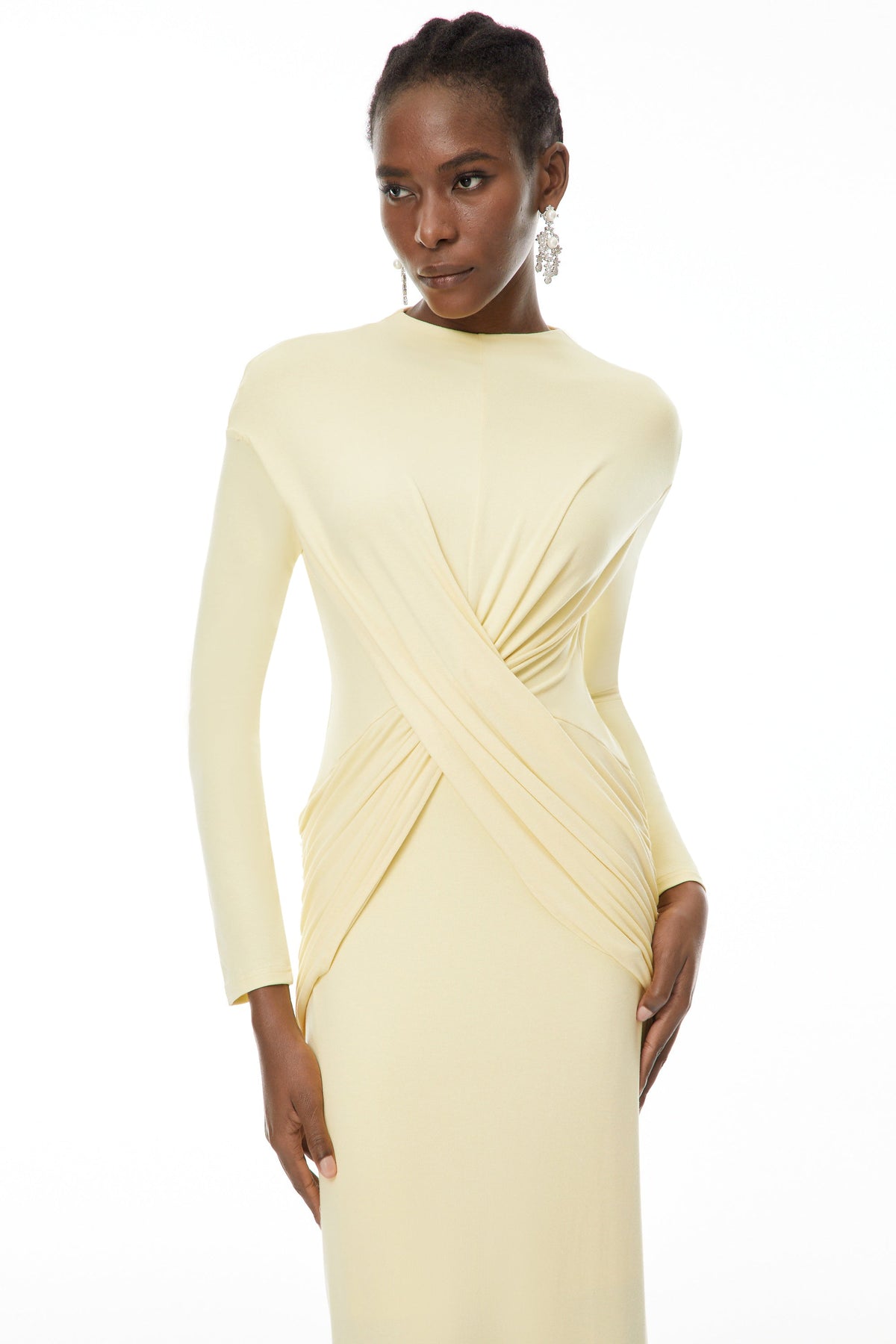 Oriane Yellow Cross Front Ruched Maxi Dress