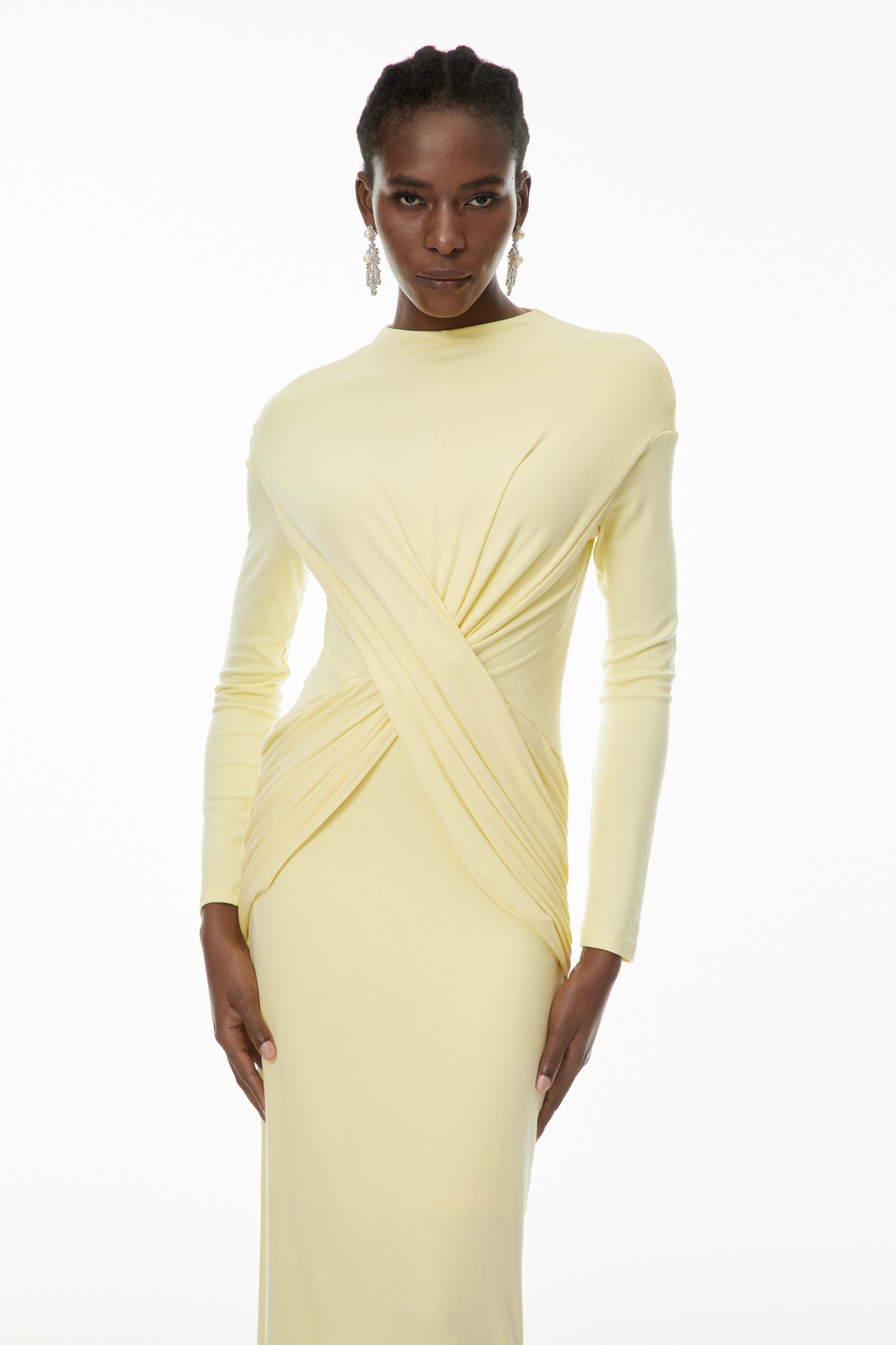 Oriane Yellow Cross Front Ruched Maxi Dress