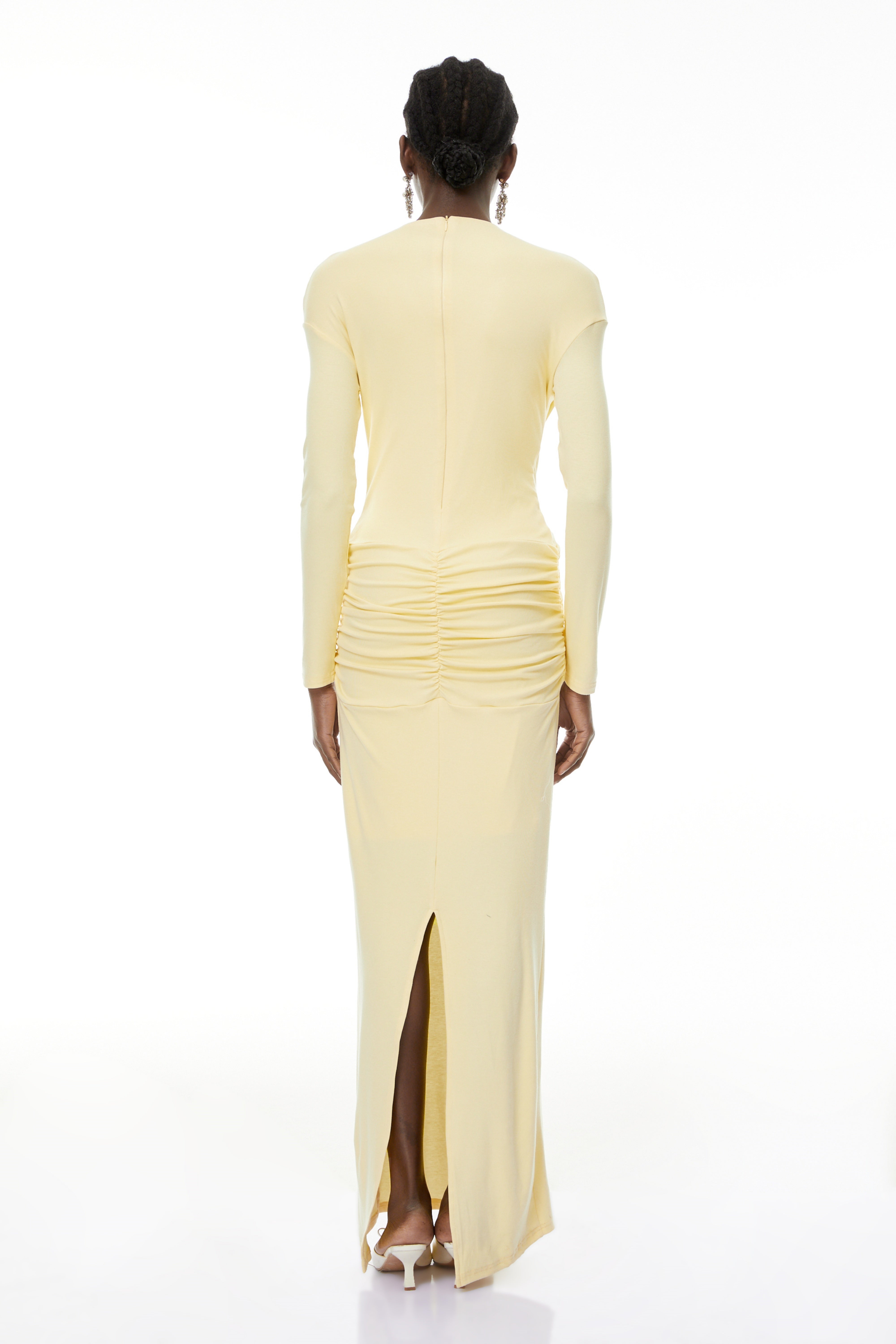 Oriane Yellow Cross Front Ruched Maxi Dress