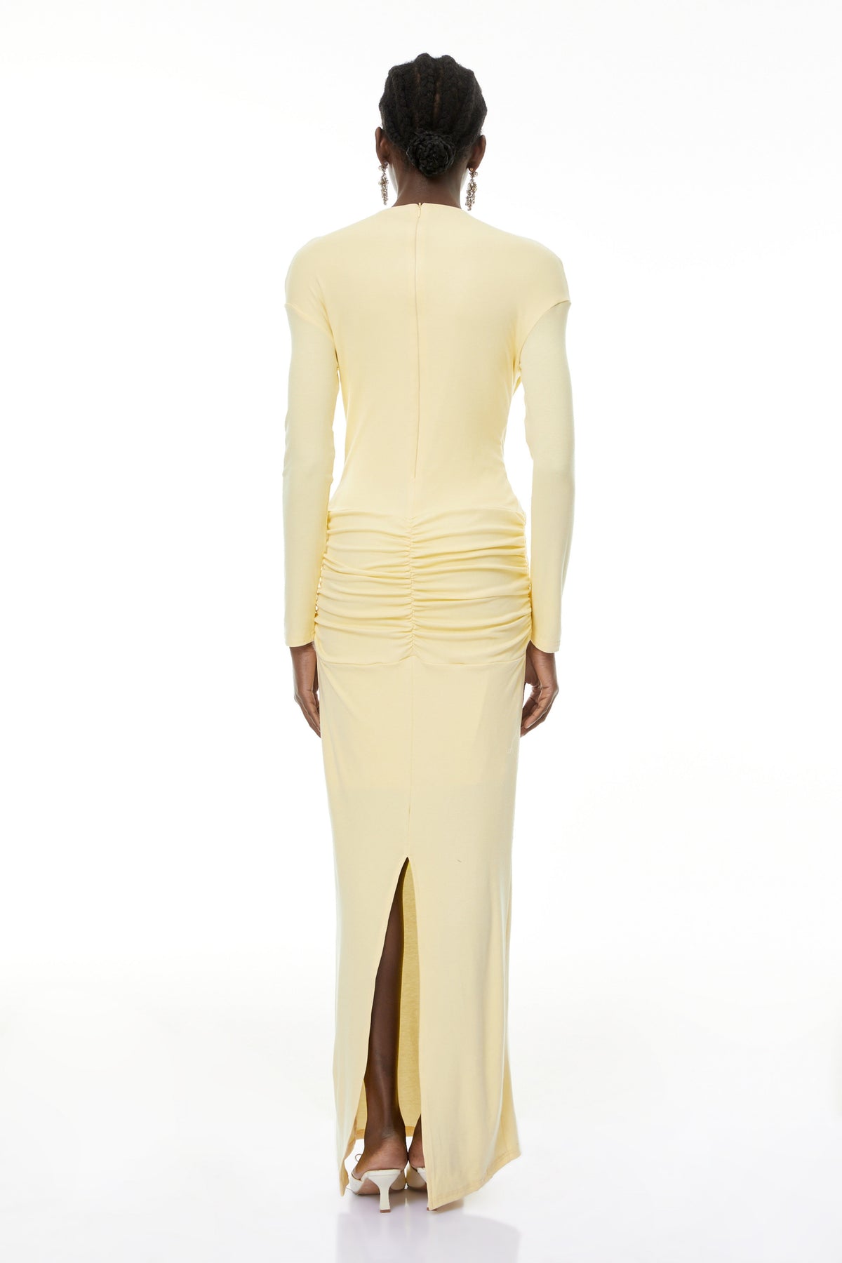 Oriane Yellow Cross Front Ruched Maxi Dress