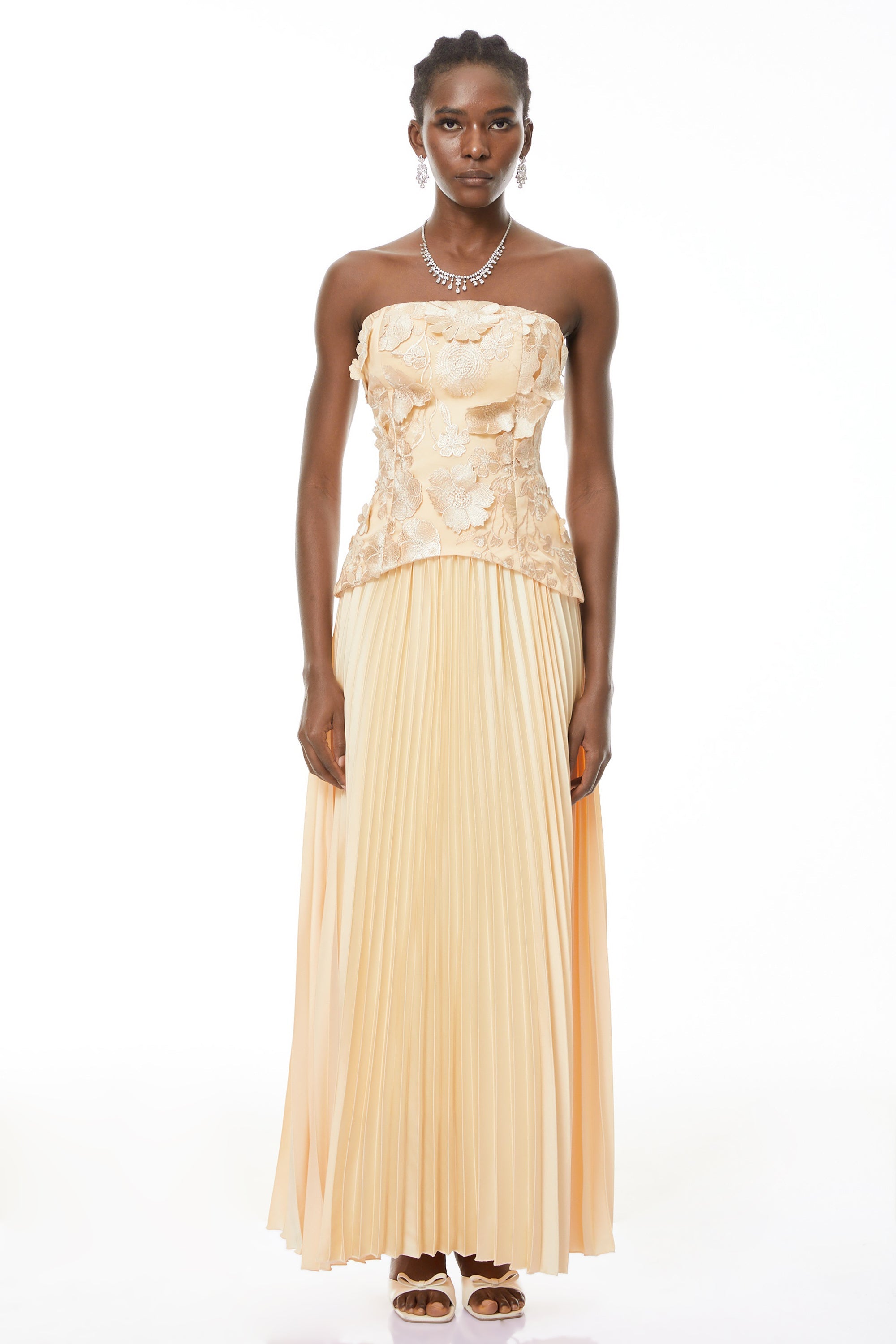 Orsola Yellow Floral Appliqué Top & Pleated Skirt Set