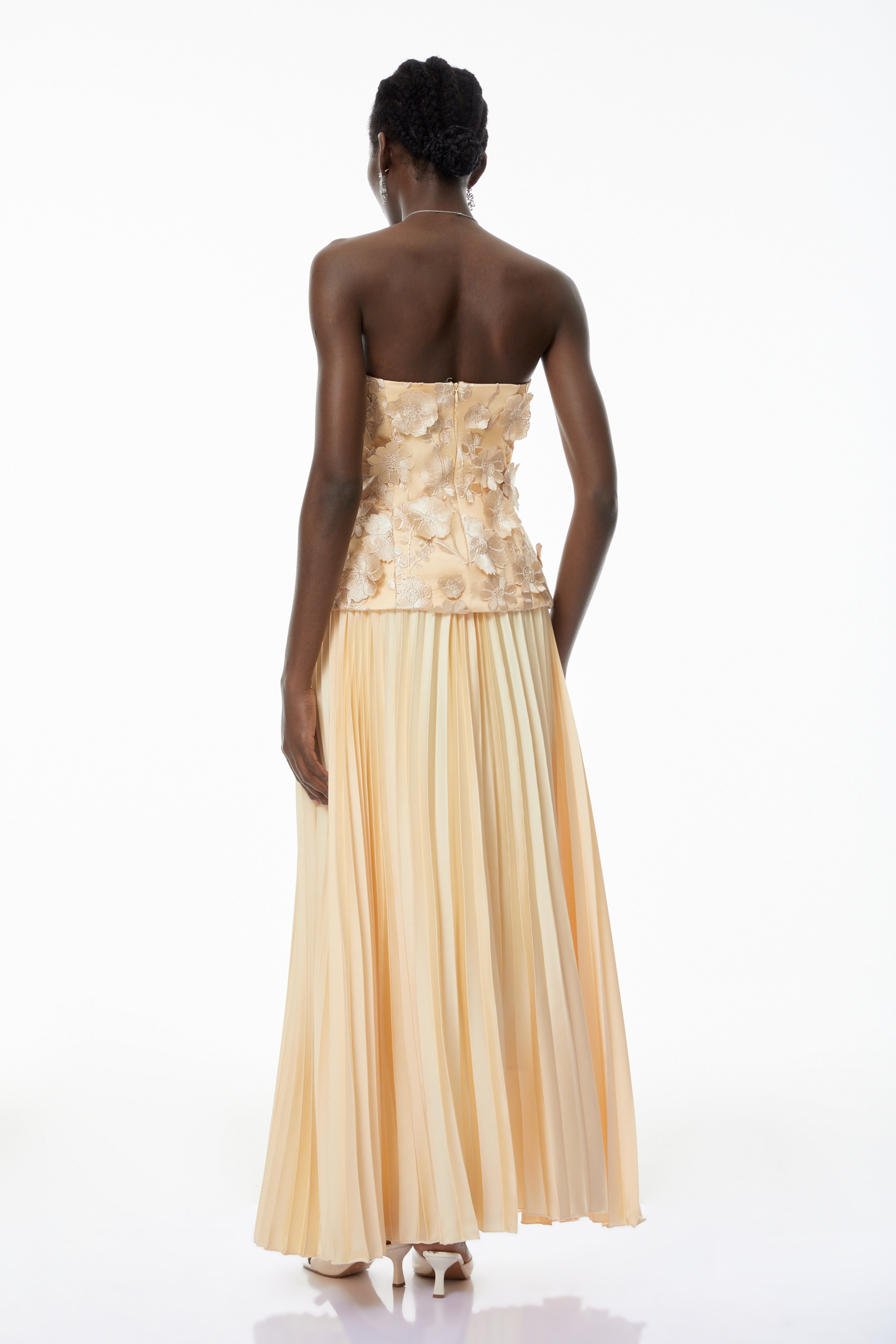 Orsola Yellow Floral Appliqué Top & Pleated Skirt Set