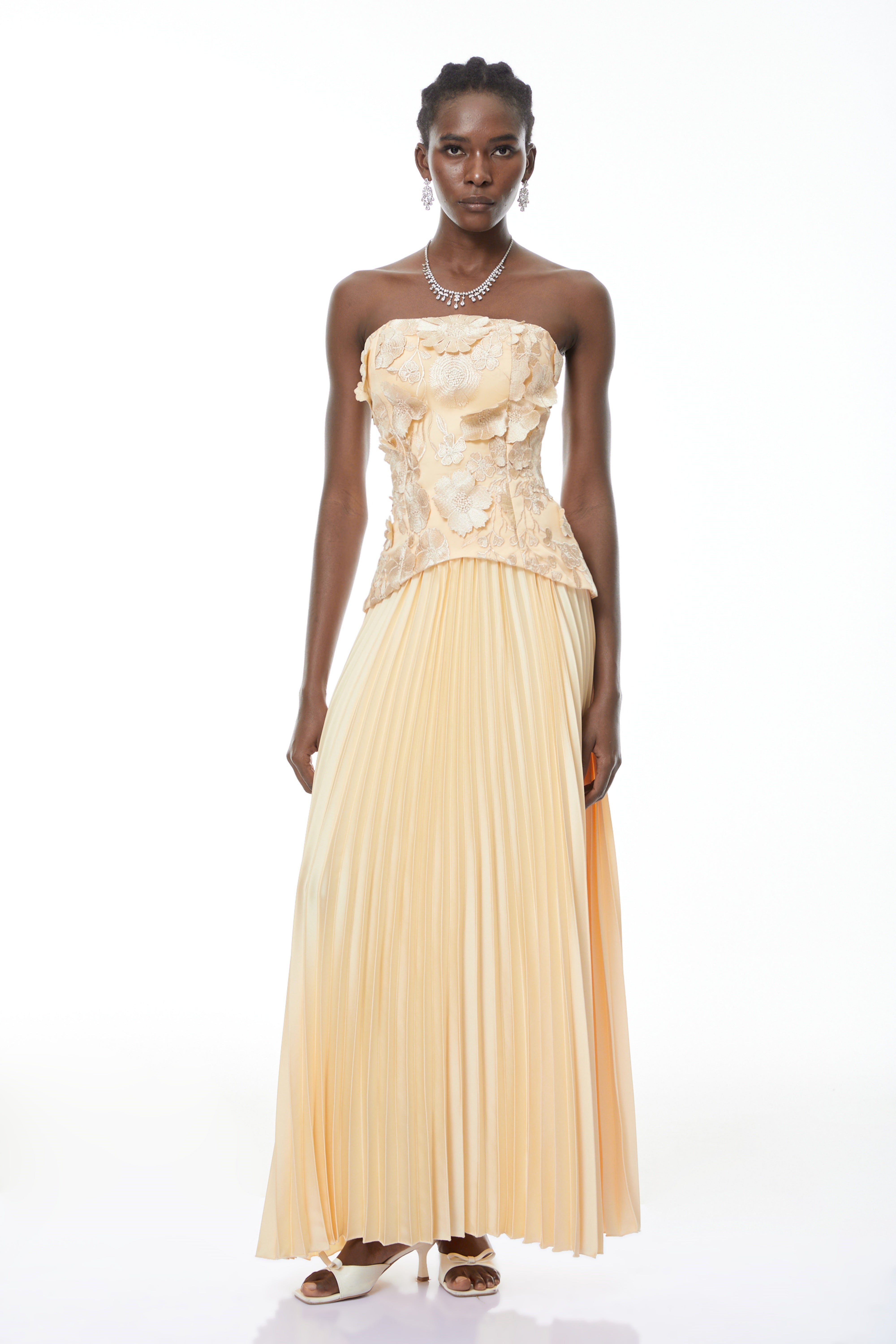 Orsola Yellow Floral Appliqué Top & Pleated Skirt Set