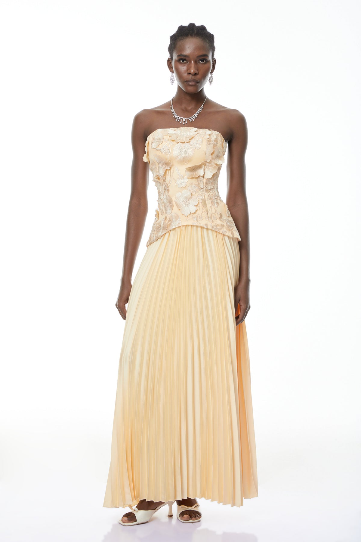 Orsola Yellow Floral Appliqué Top & Pleated Skirt Set (Final Sale)