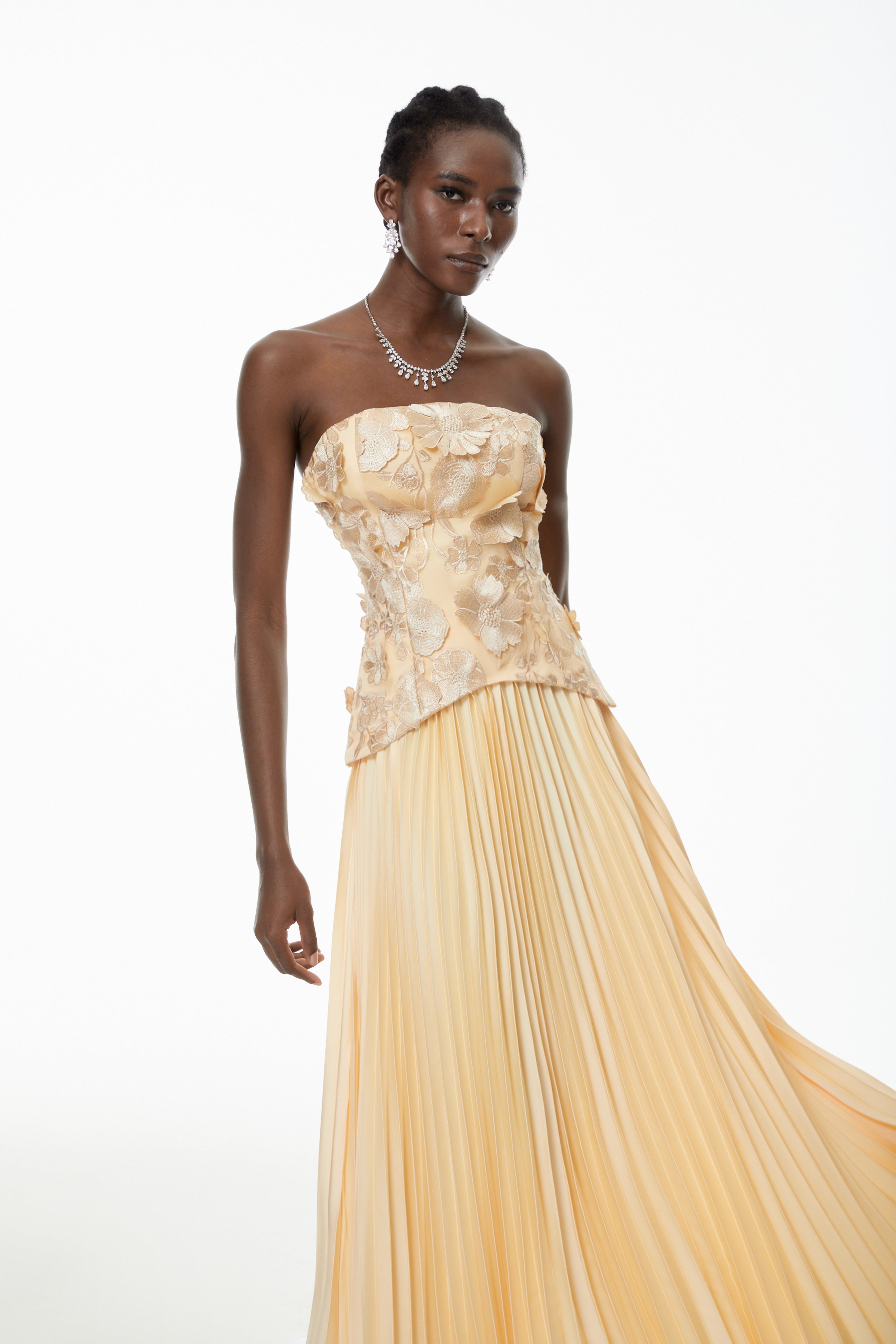 Orsola Yellow Floral Appliqué Top & Pleated Skirt Set