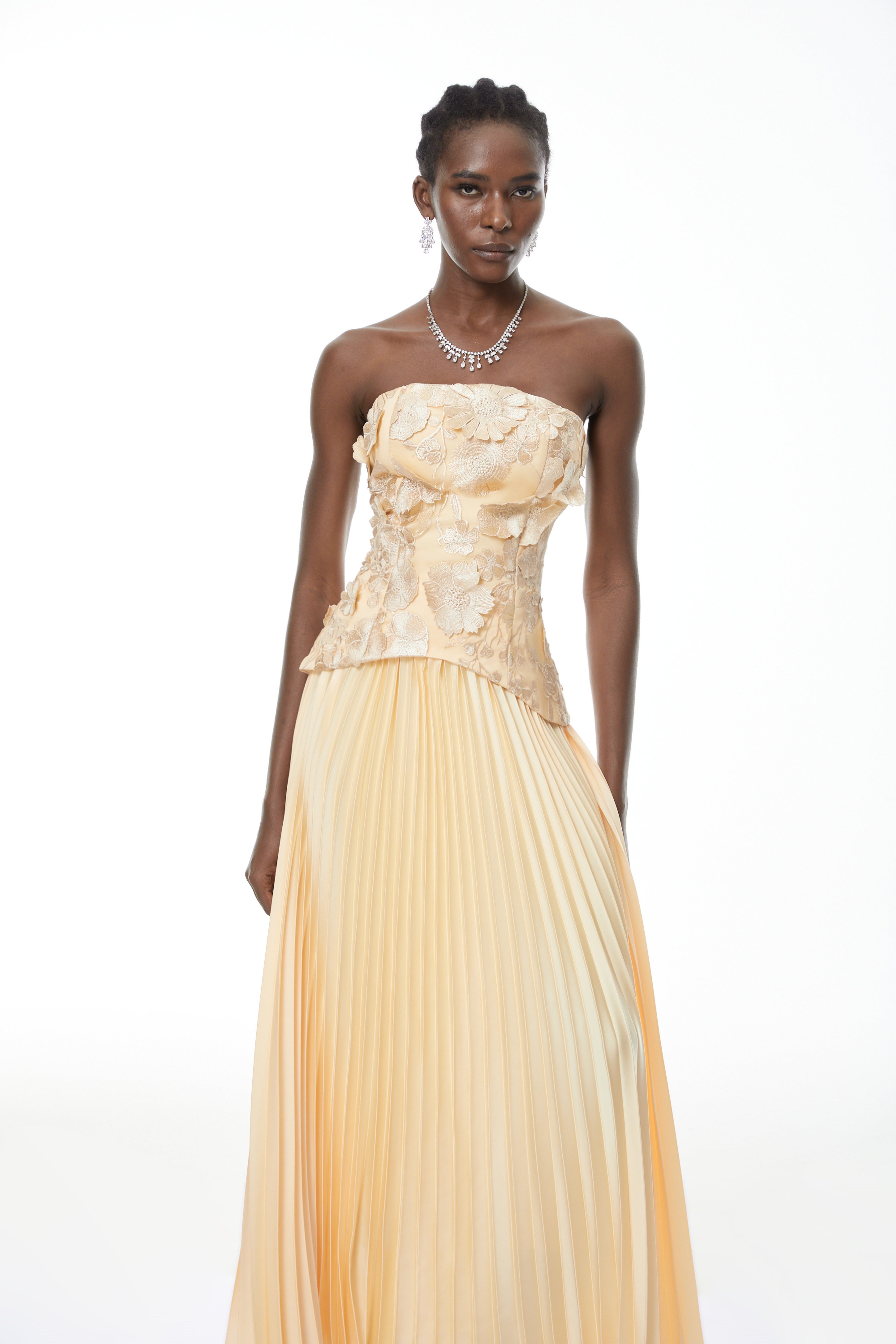 Orsola Yellow Floral Appliqué Top & Pleated Skirt Set