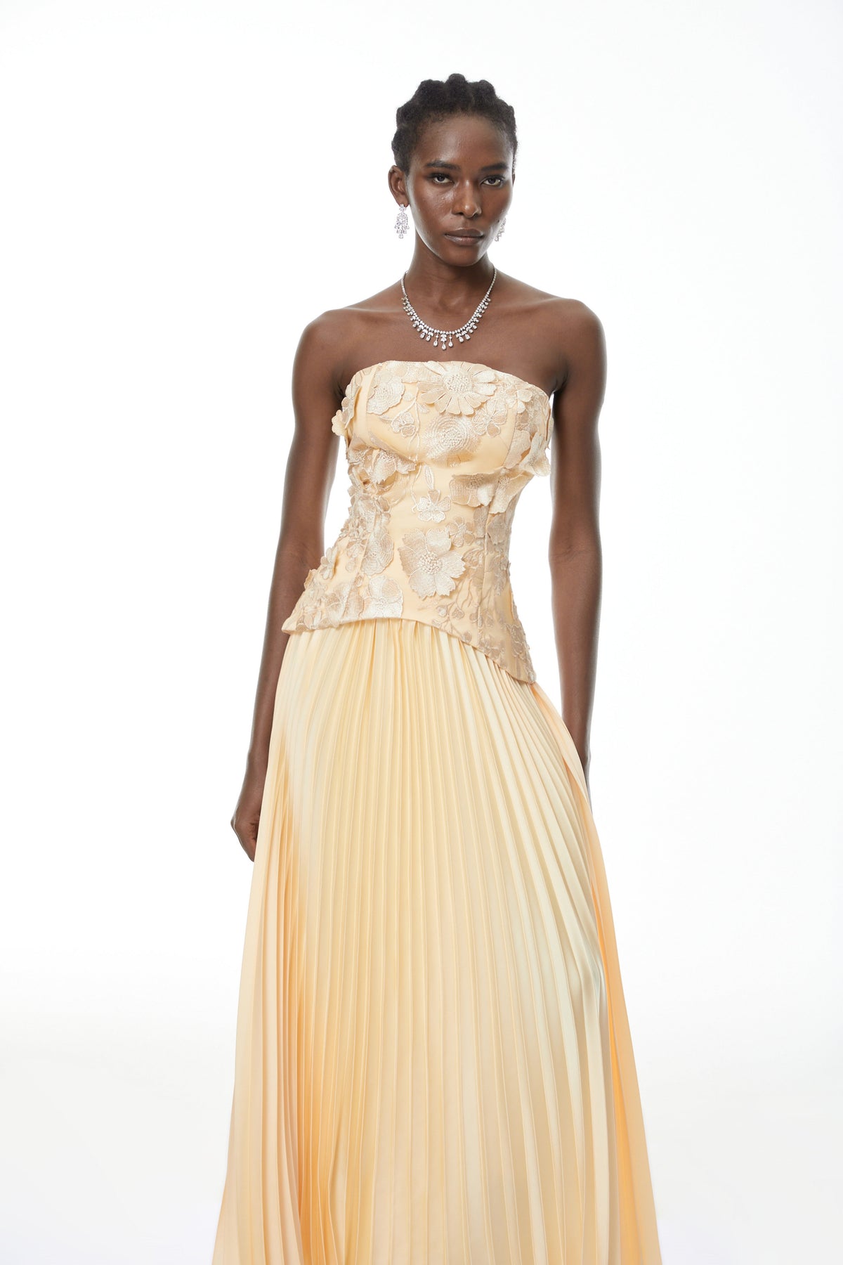 Orsola Yellow Floral Appliqué Top & Pleated Skirt Set (Final Sale)