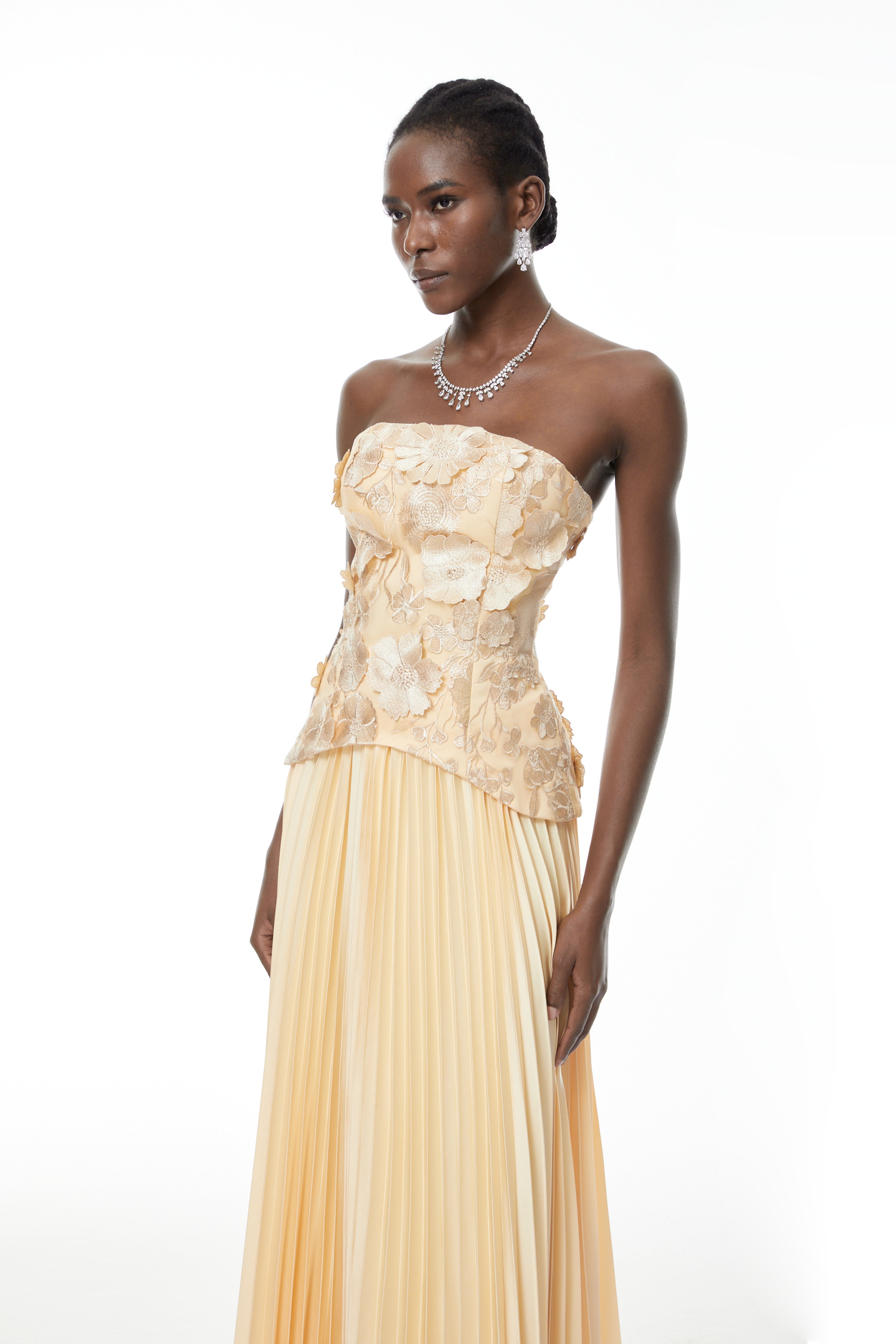 Orsola Yellow Floral Appliqué Top & Pleated Skirt Set