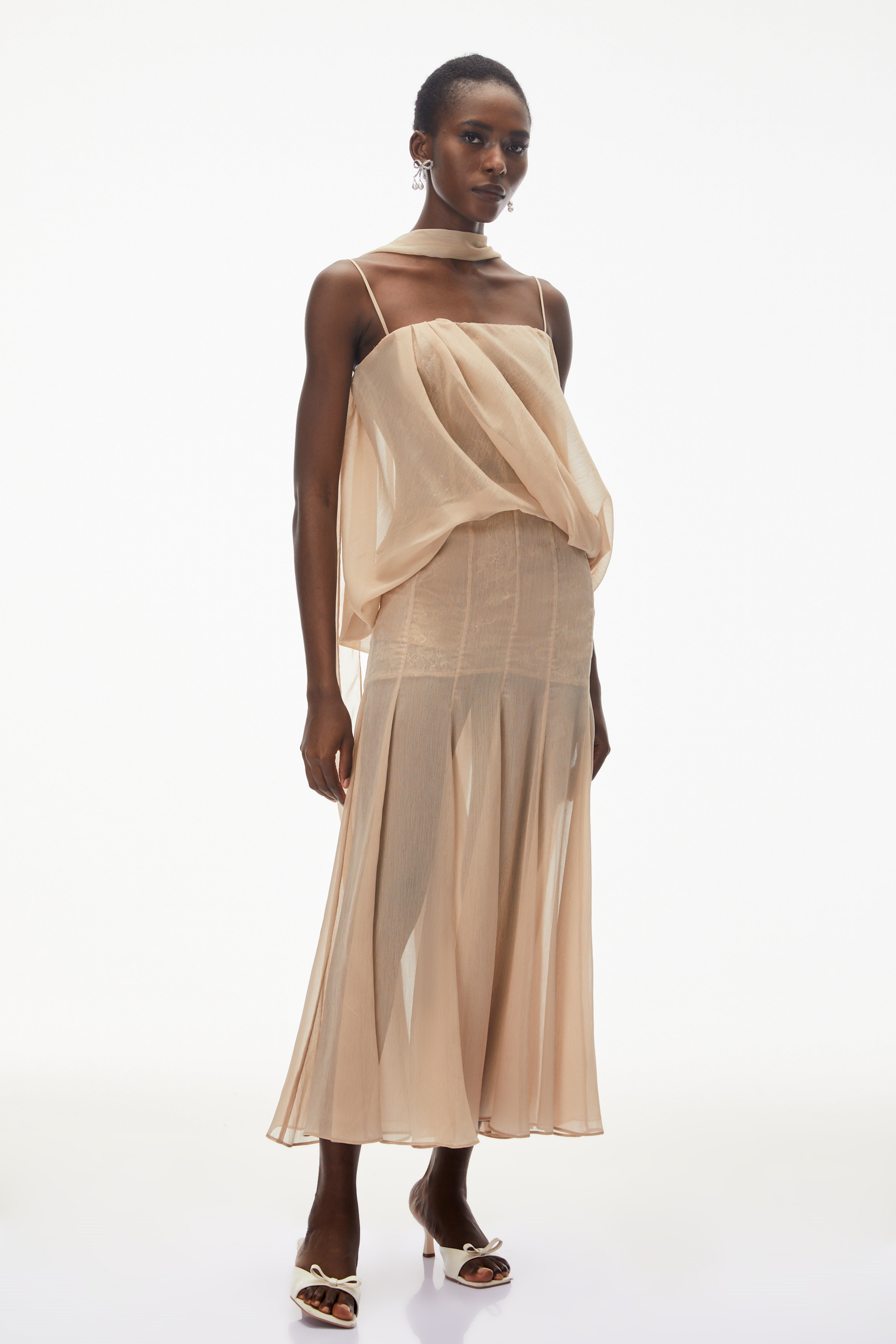 Ottoline Champagne Mesh Draped Maxi Dress