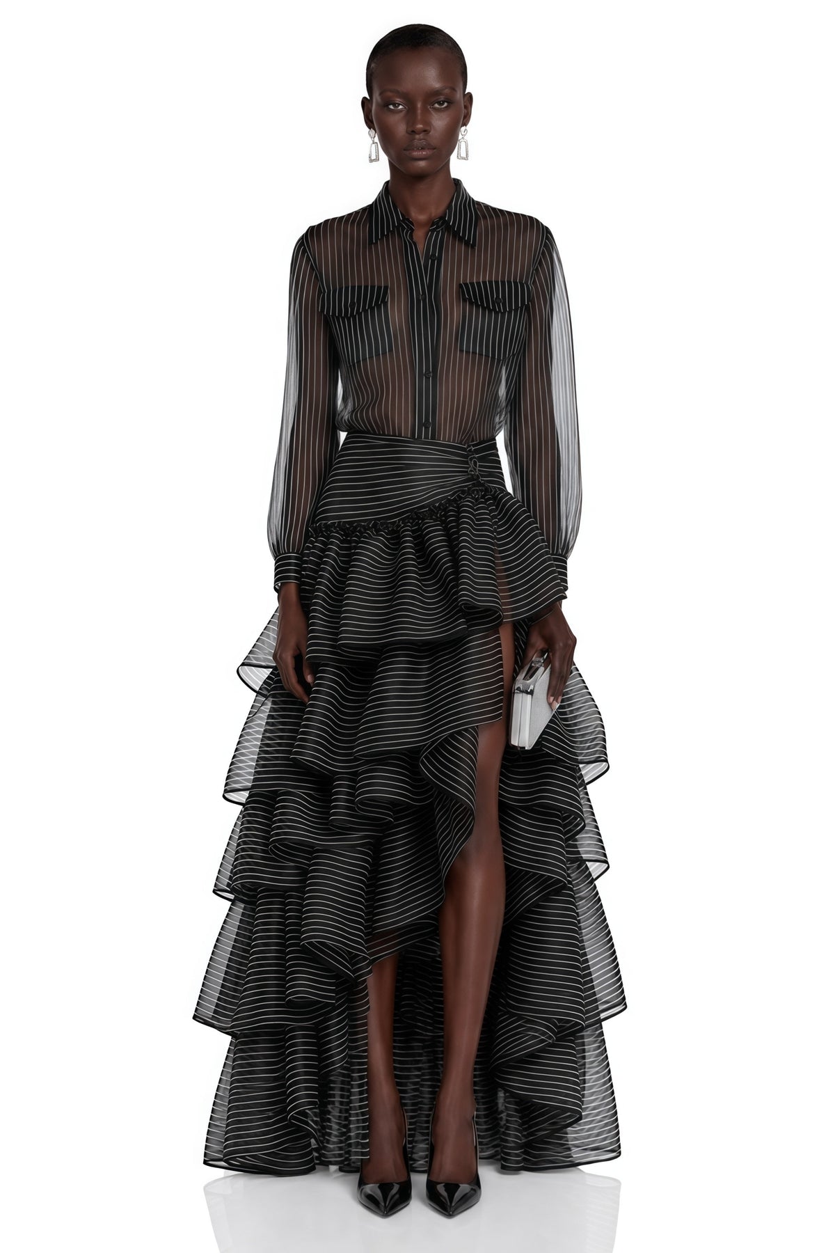 Ozzie Black Horizontal Stripe Blouse & Skirt Set