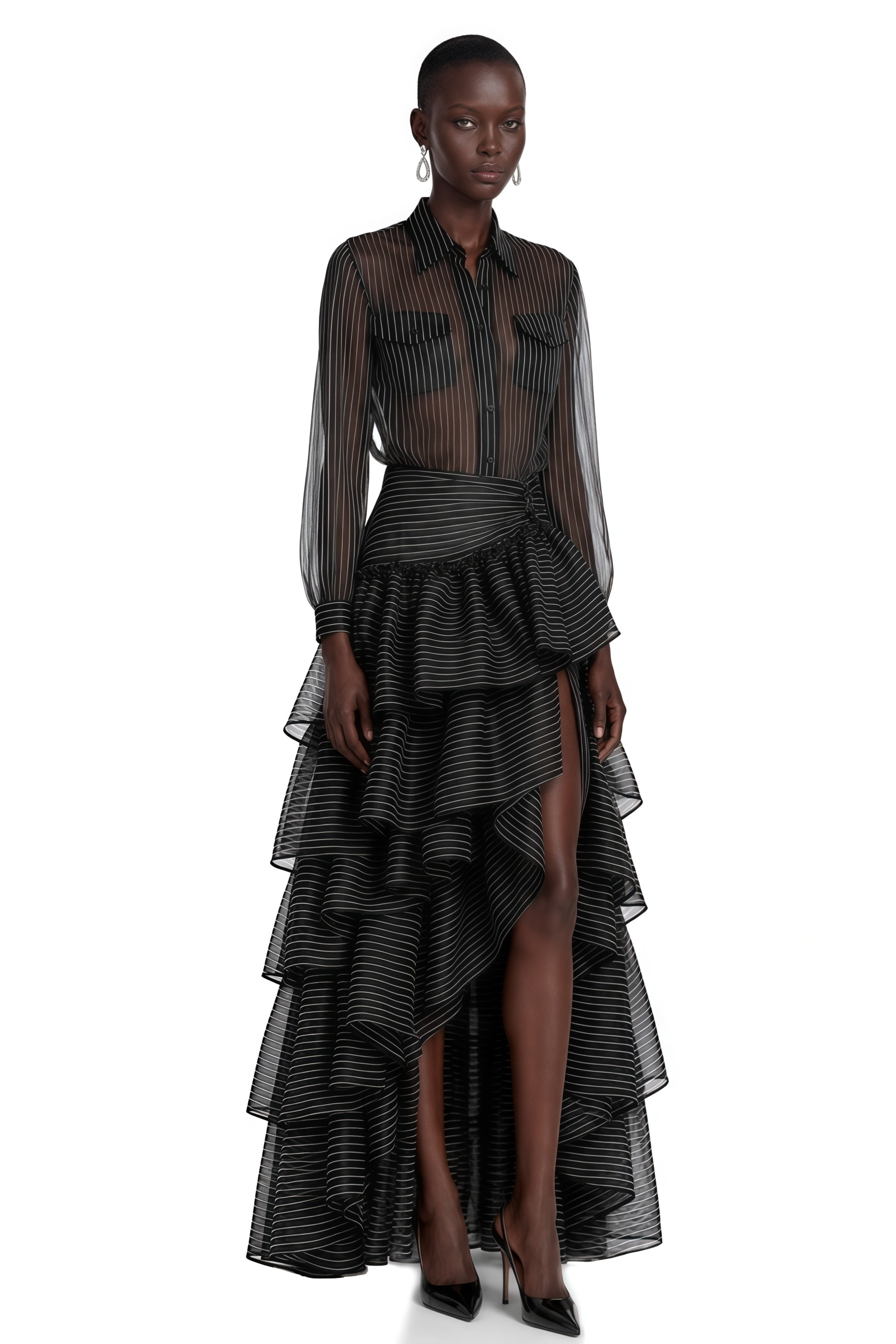 Ozzie Black Horizontal Stripe Blouse & Skirt Set