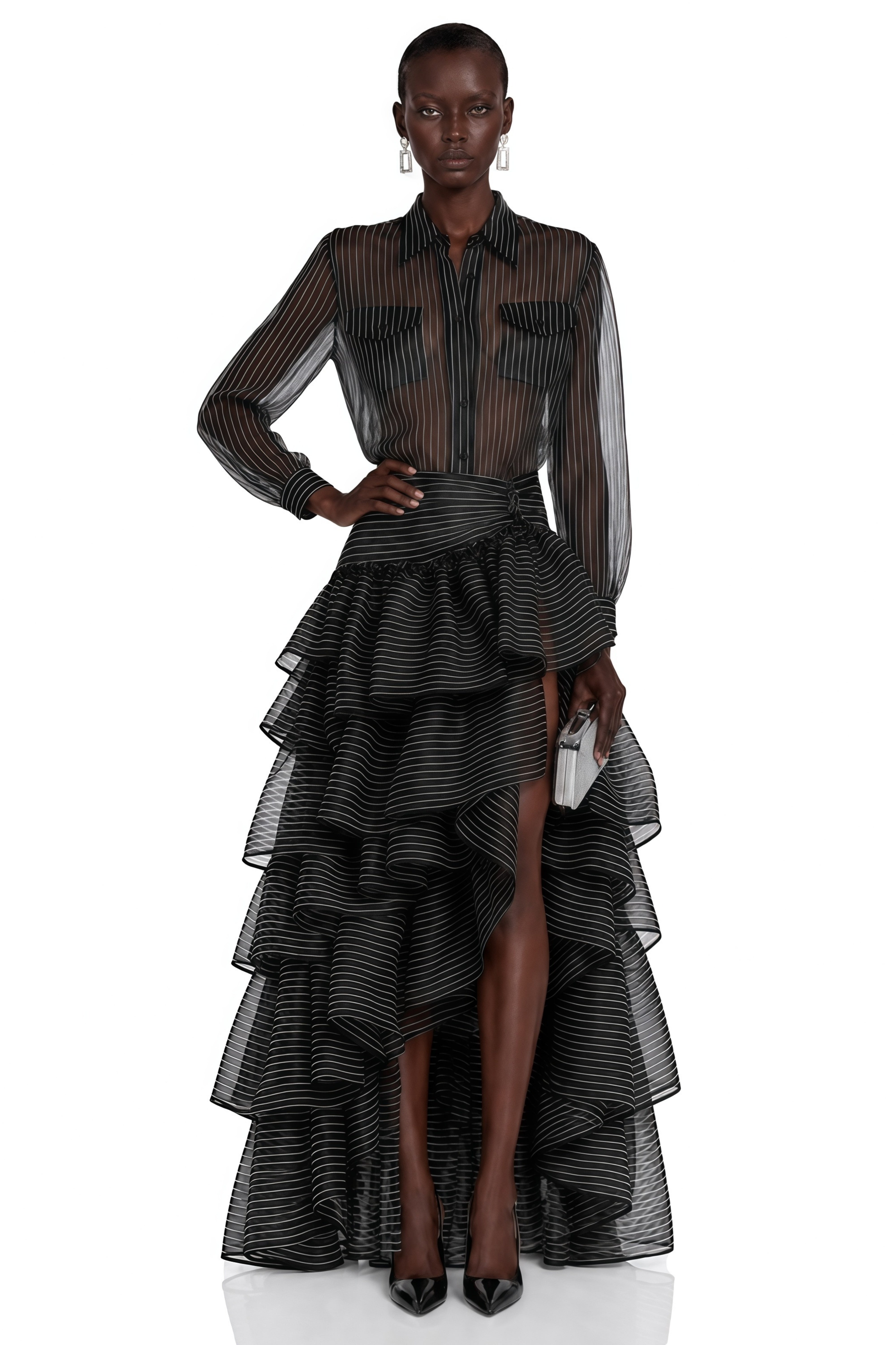 Ozzie Black Horizontal Stripe Blouse & Skirt Set