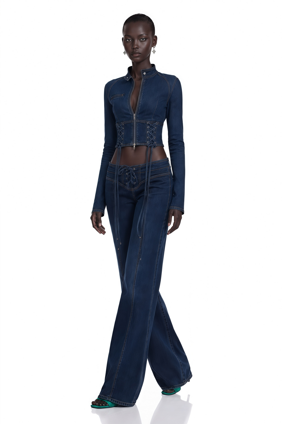 kiona indigo blue denim lace-up co-ord set