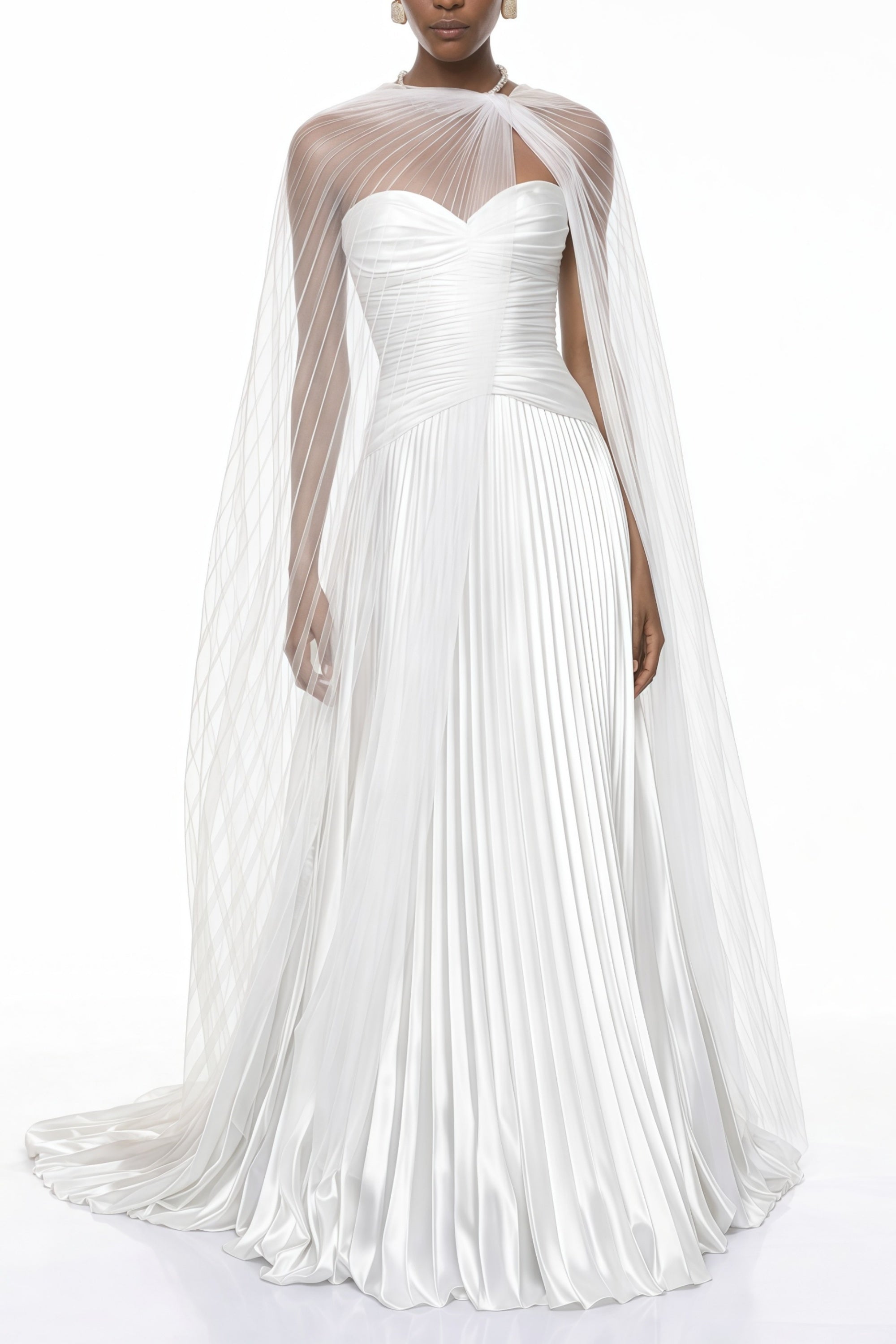 Palesa White Pleated Glossy Maxi Dress & Cape Set (Final Sale-US Only)