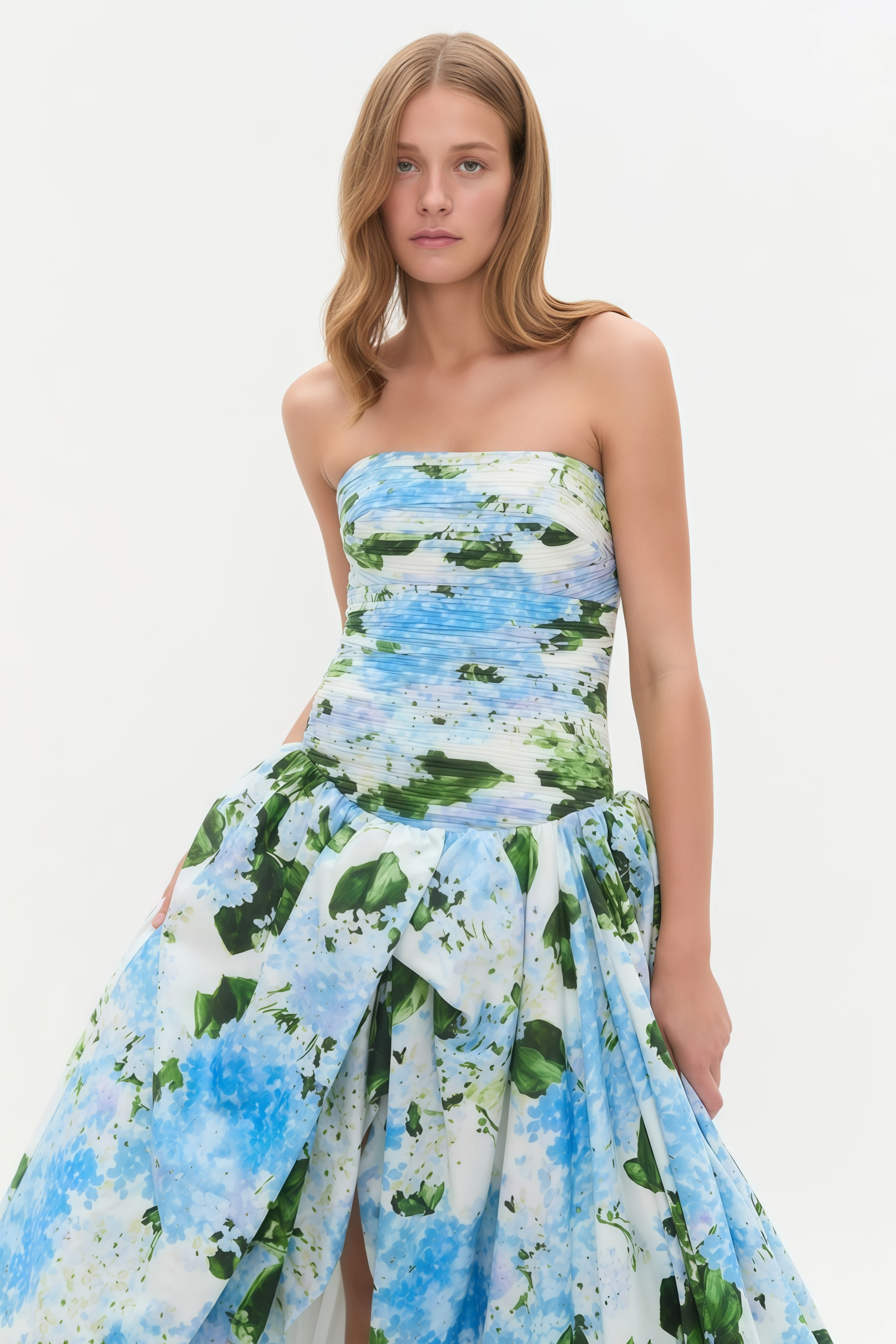 Parastoo Blue Hydrangea Floral Print Pleated Maxi Dress