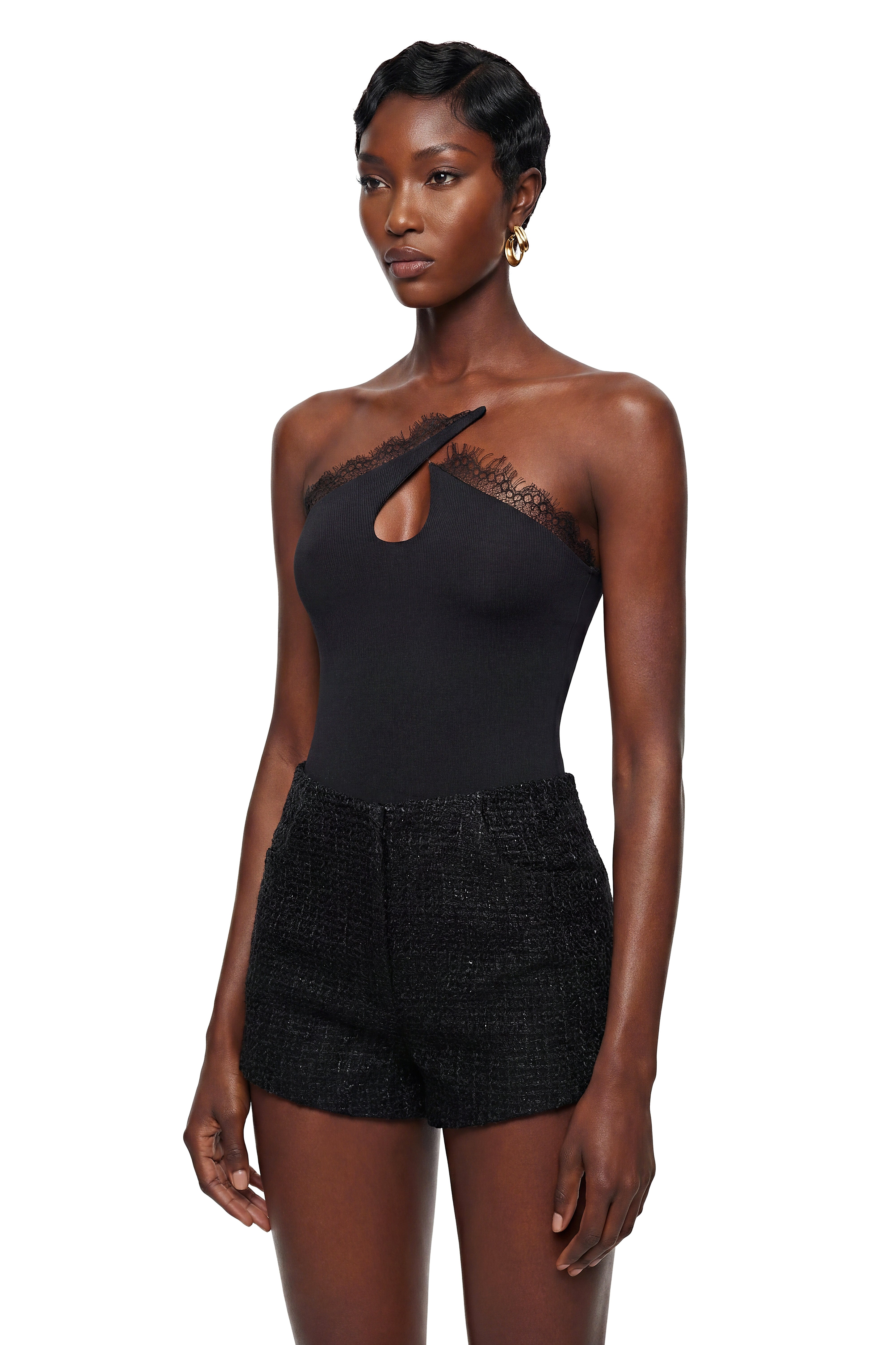 Paula Black Lace Trim Asymmetrical Bodysuit