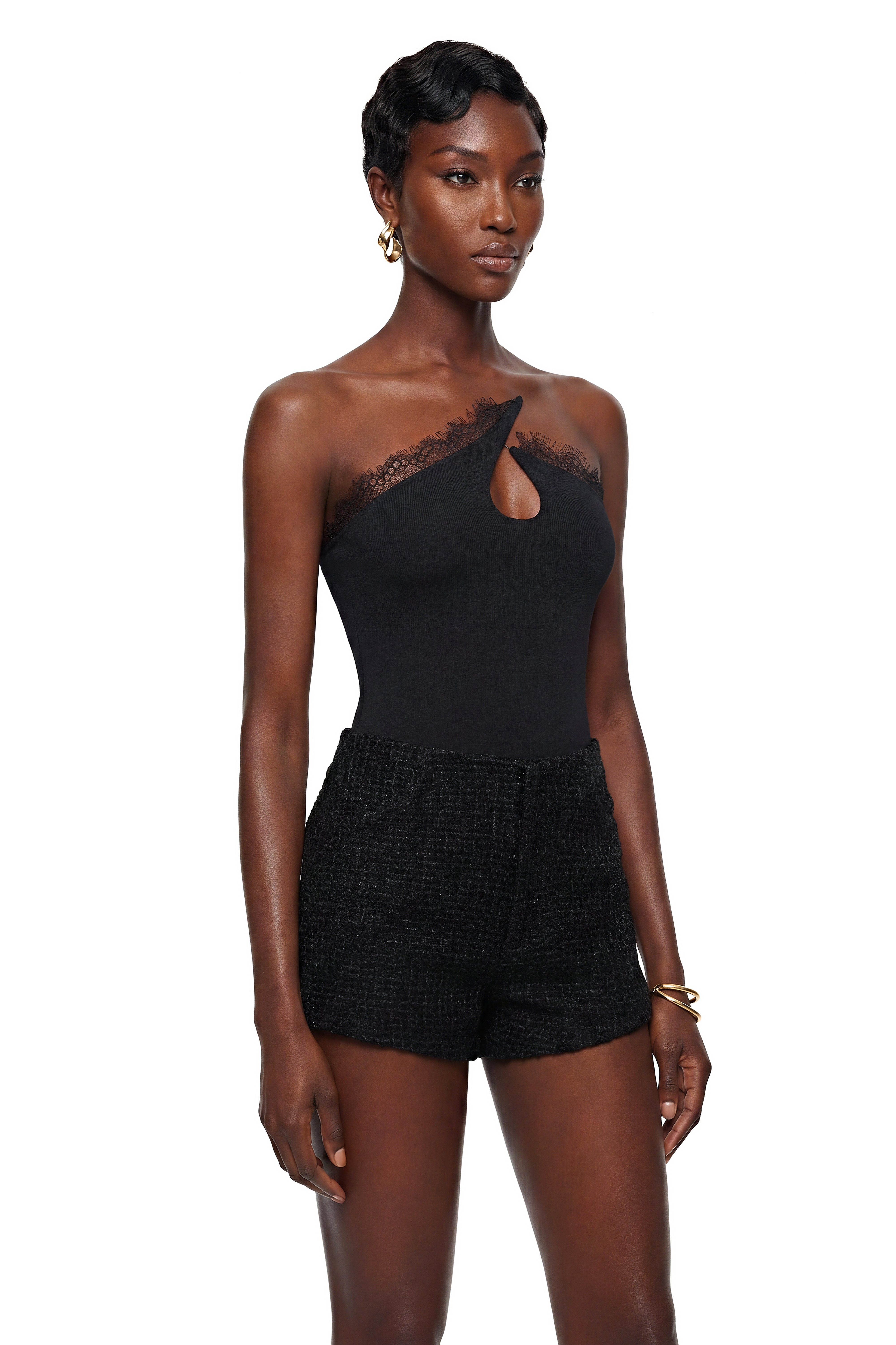 Paula Black Lace Trim Asymmetrical Bodysuit