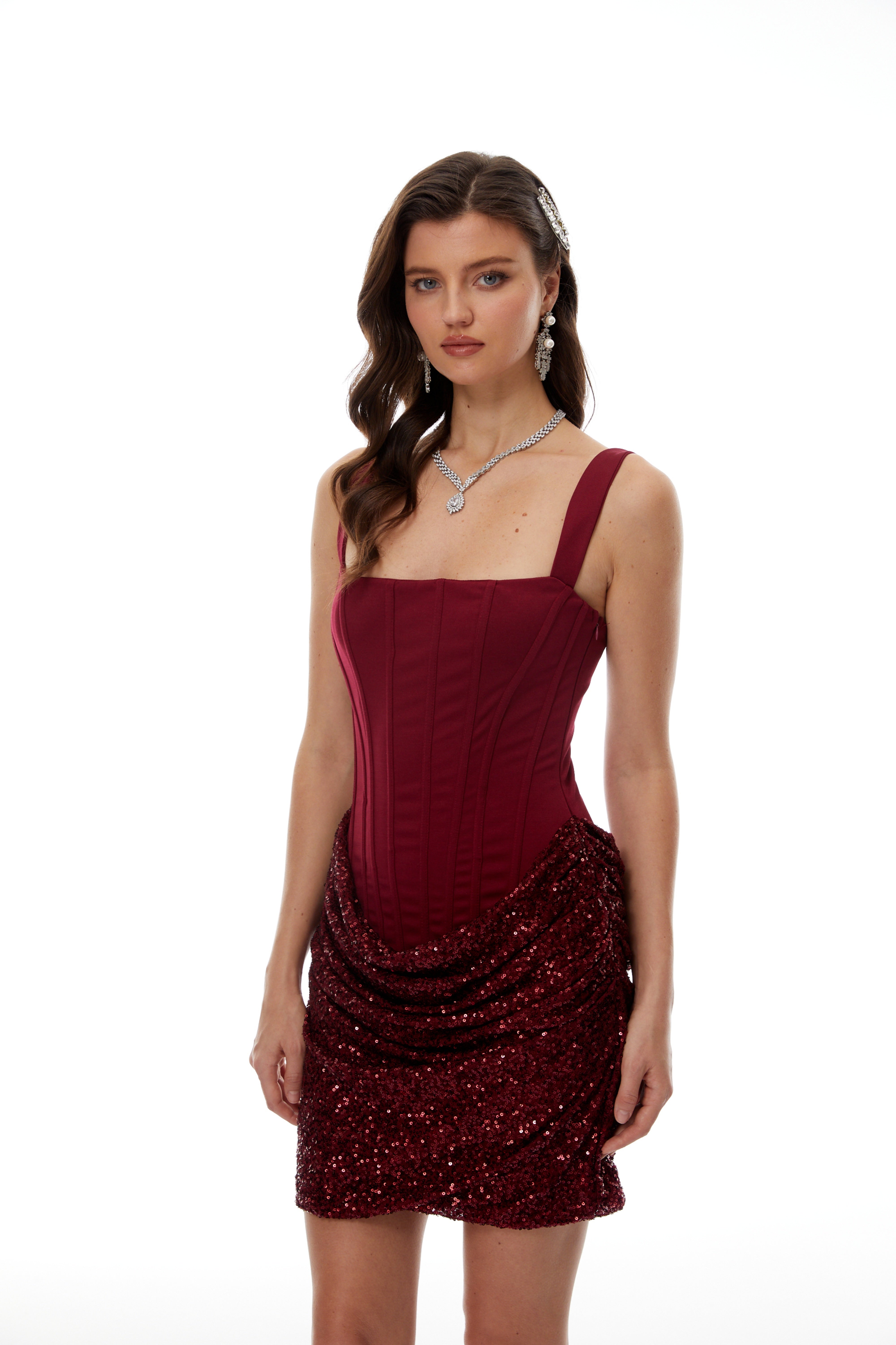 Paulette Red Embellished Ruched Bodycon Mini Dress (Final Sale)
