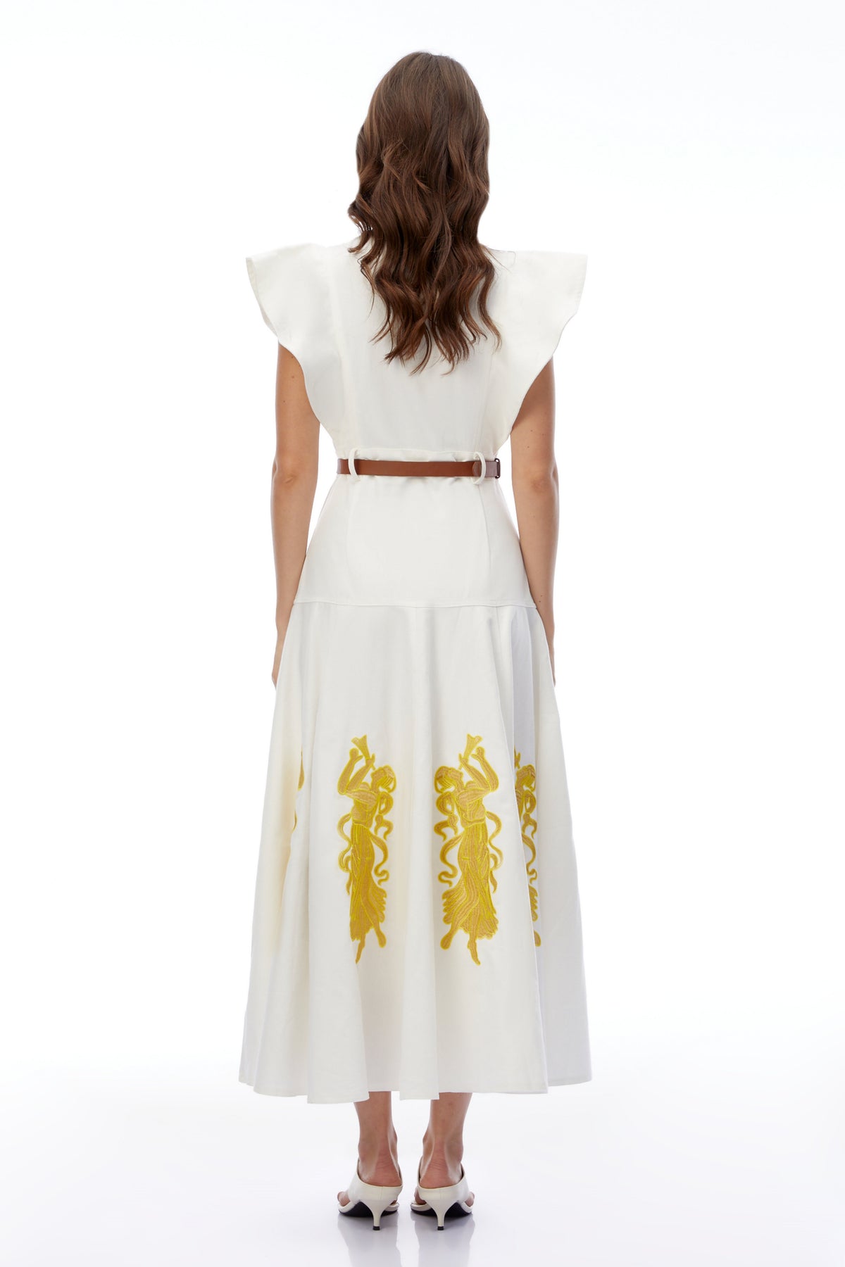 Pearl White Embroidered Maxi Dress with Flutter Sleeves