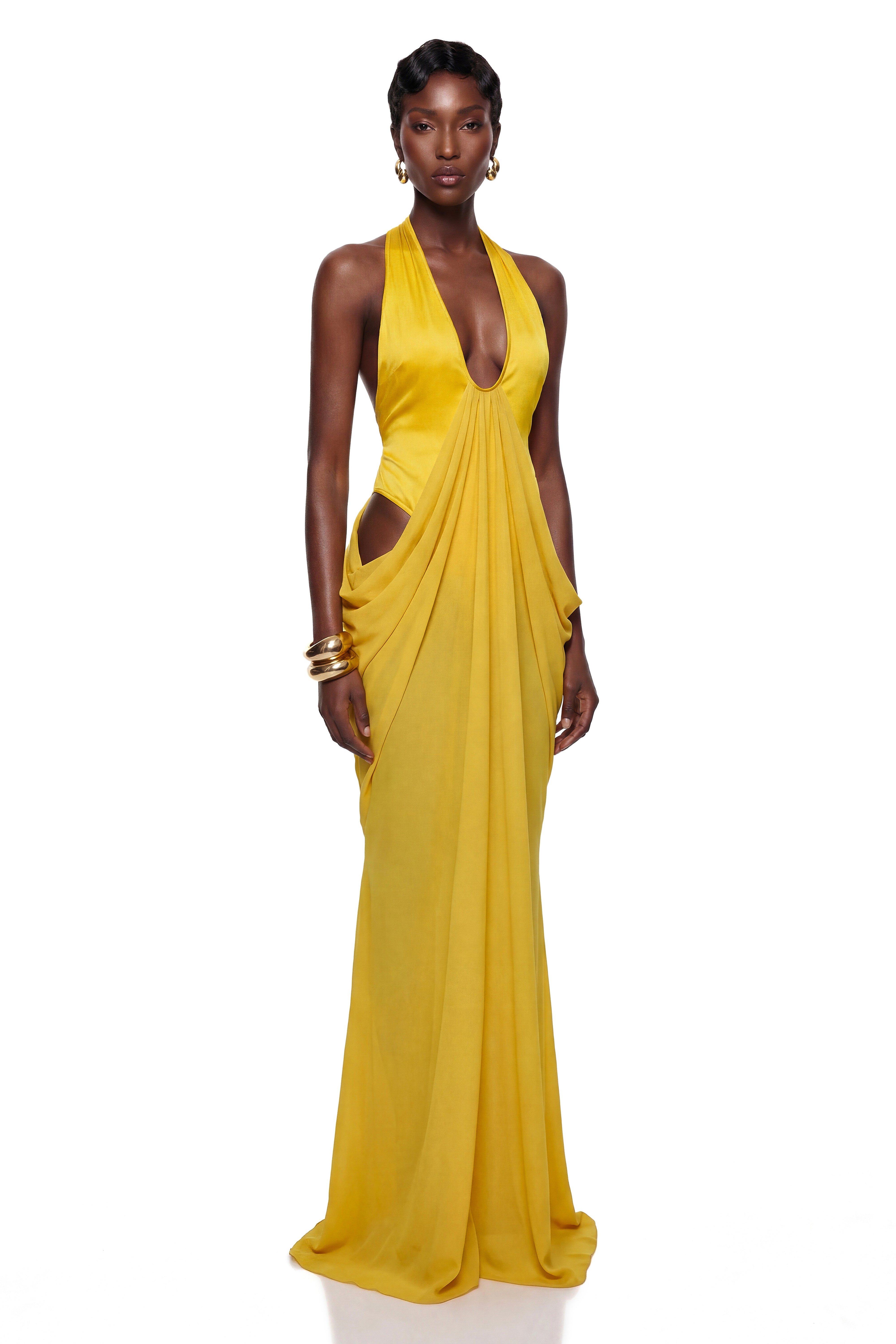 Pele Yellow Cut-Out Ruched Maxi Dress