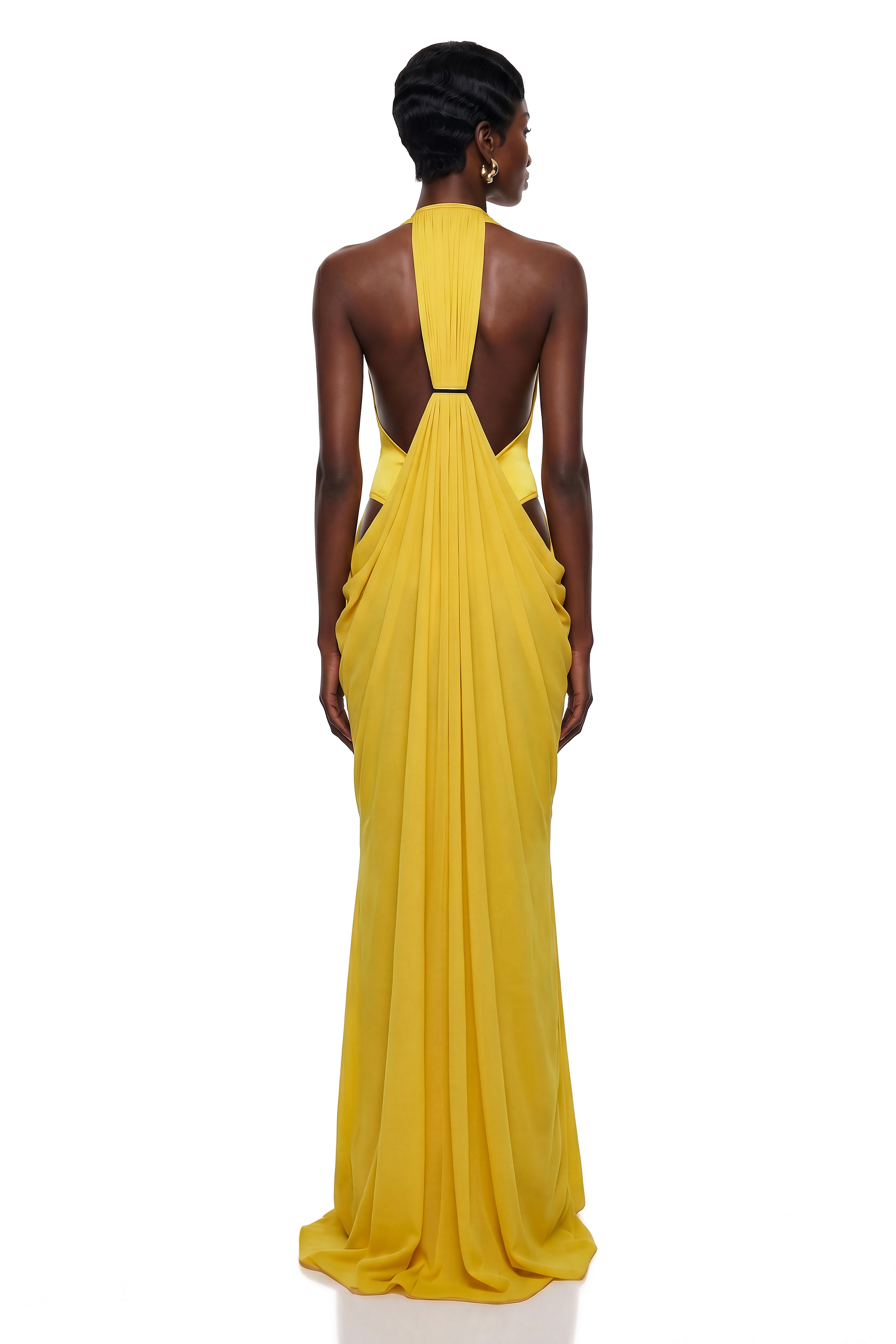 Pele Yellow Cut-Out Ruched Maxi Dress