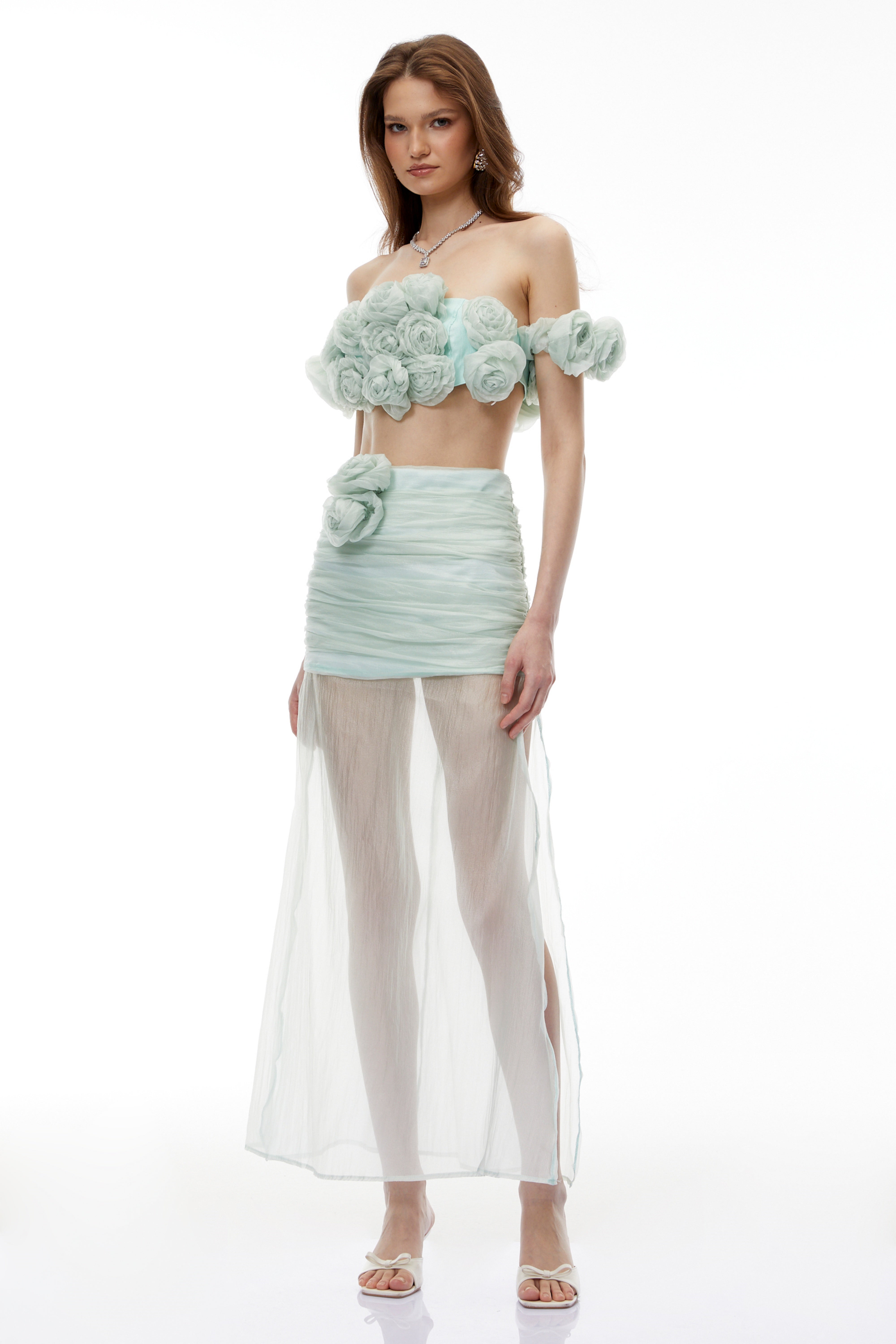 Penelope Green Tulle Top & Skirt Set with 3D Florals