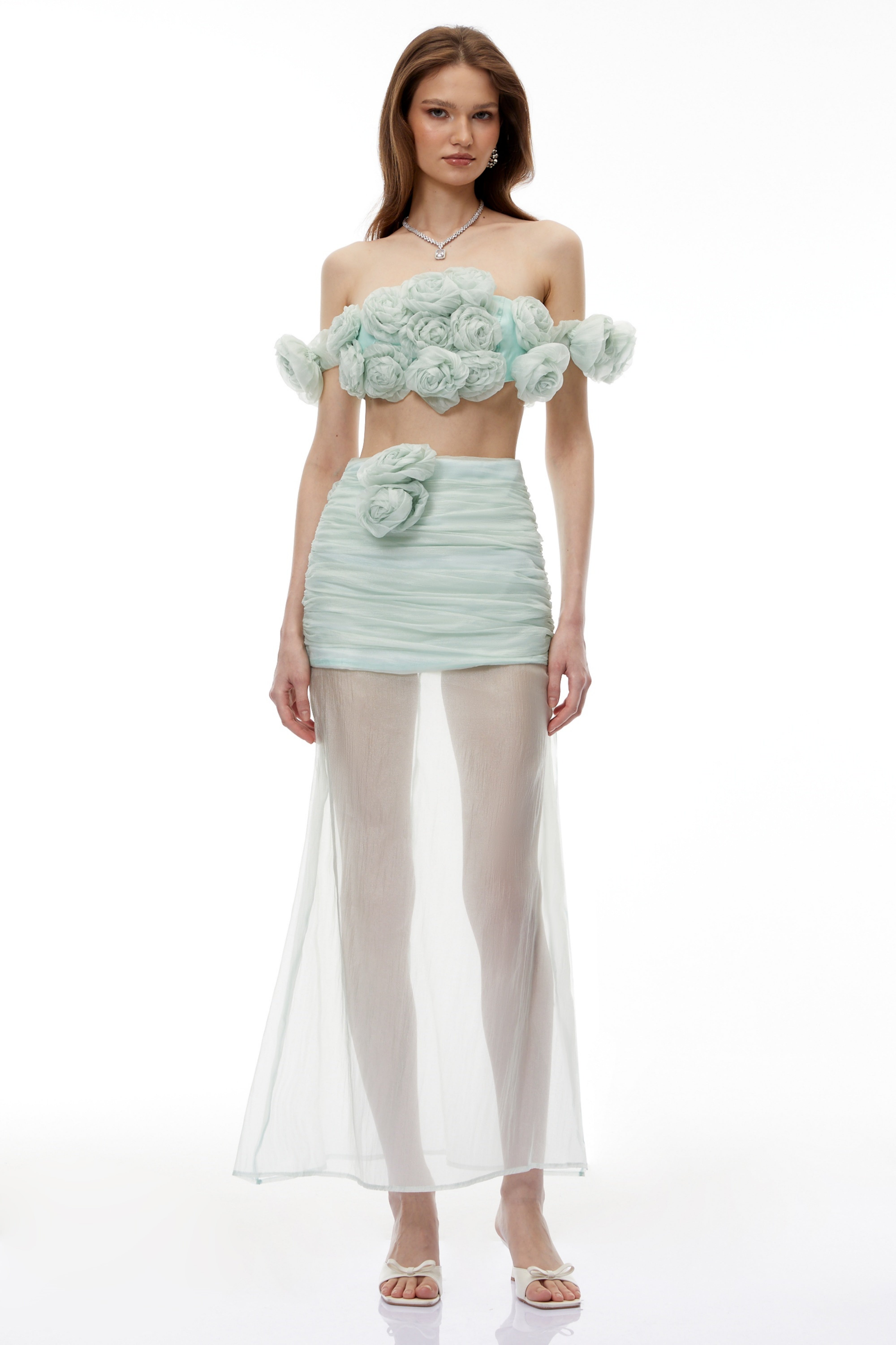 Penelope Green Tulle Top & Skirt Set with 3D Florals