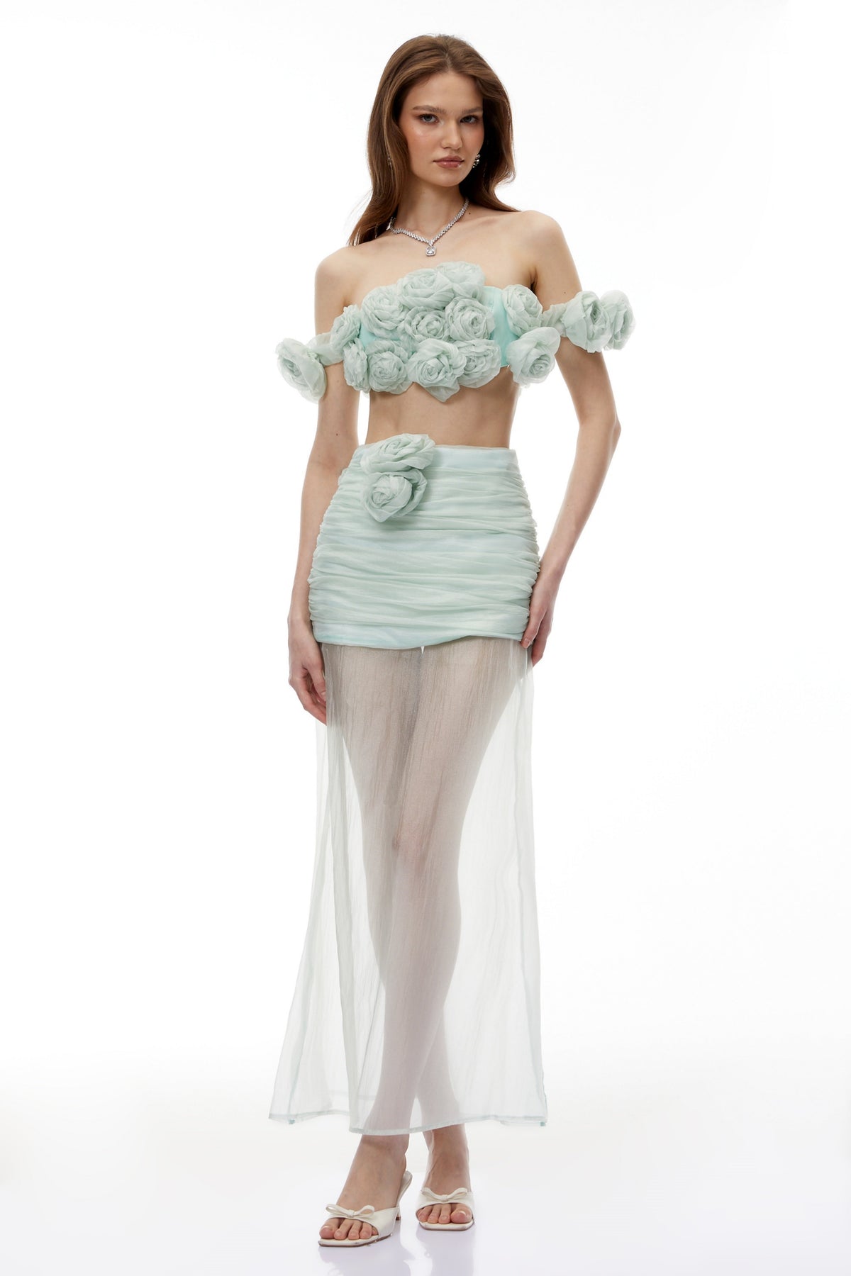 Penelope Green Tulle Top & Skirt Set with 3D Florals