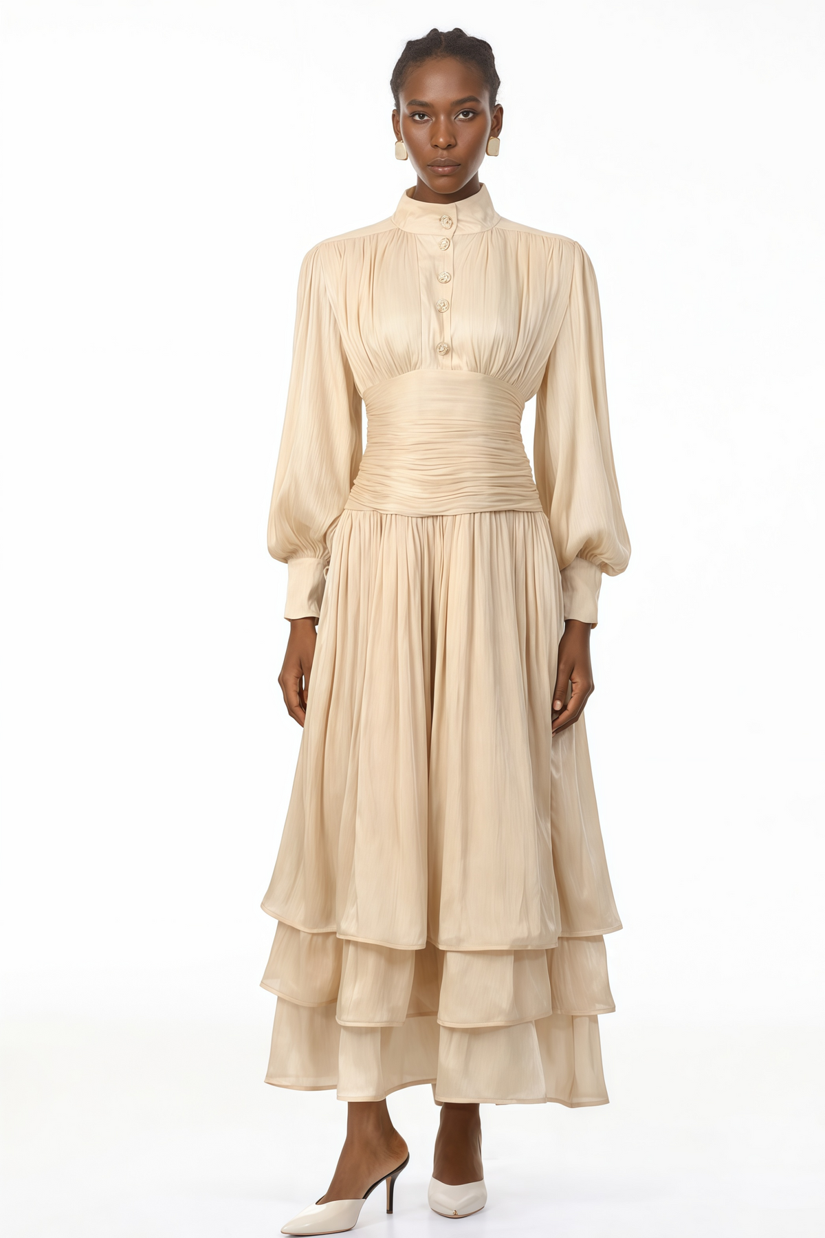 Emersyn Neutrals High-Neck Ruffled Detail Maxi Dress
