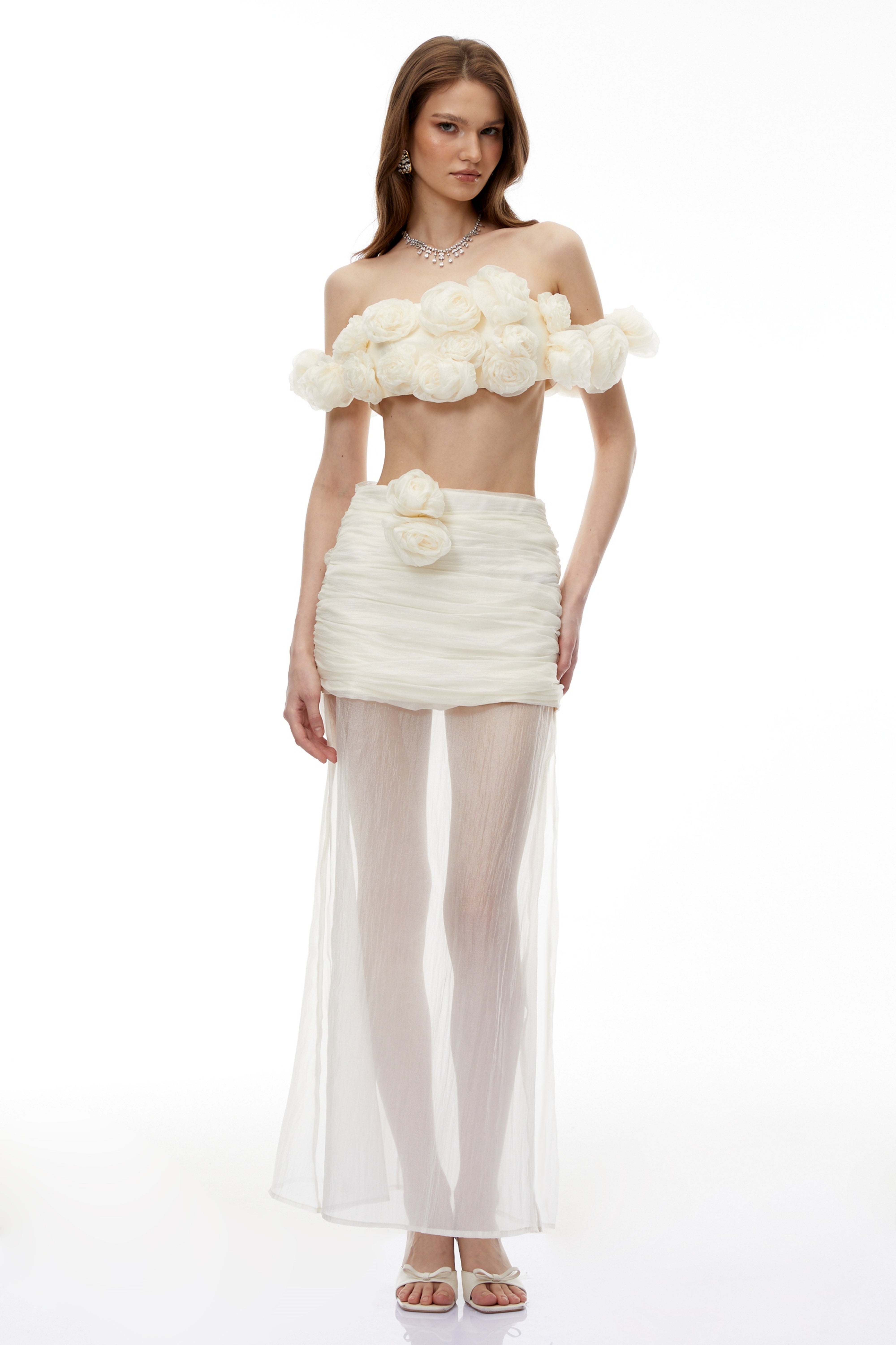Penelope White Tulle Top & Skirt Set with 3D Florals