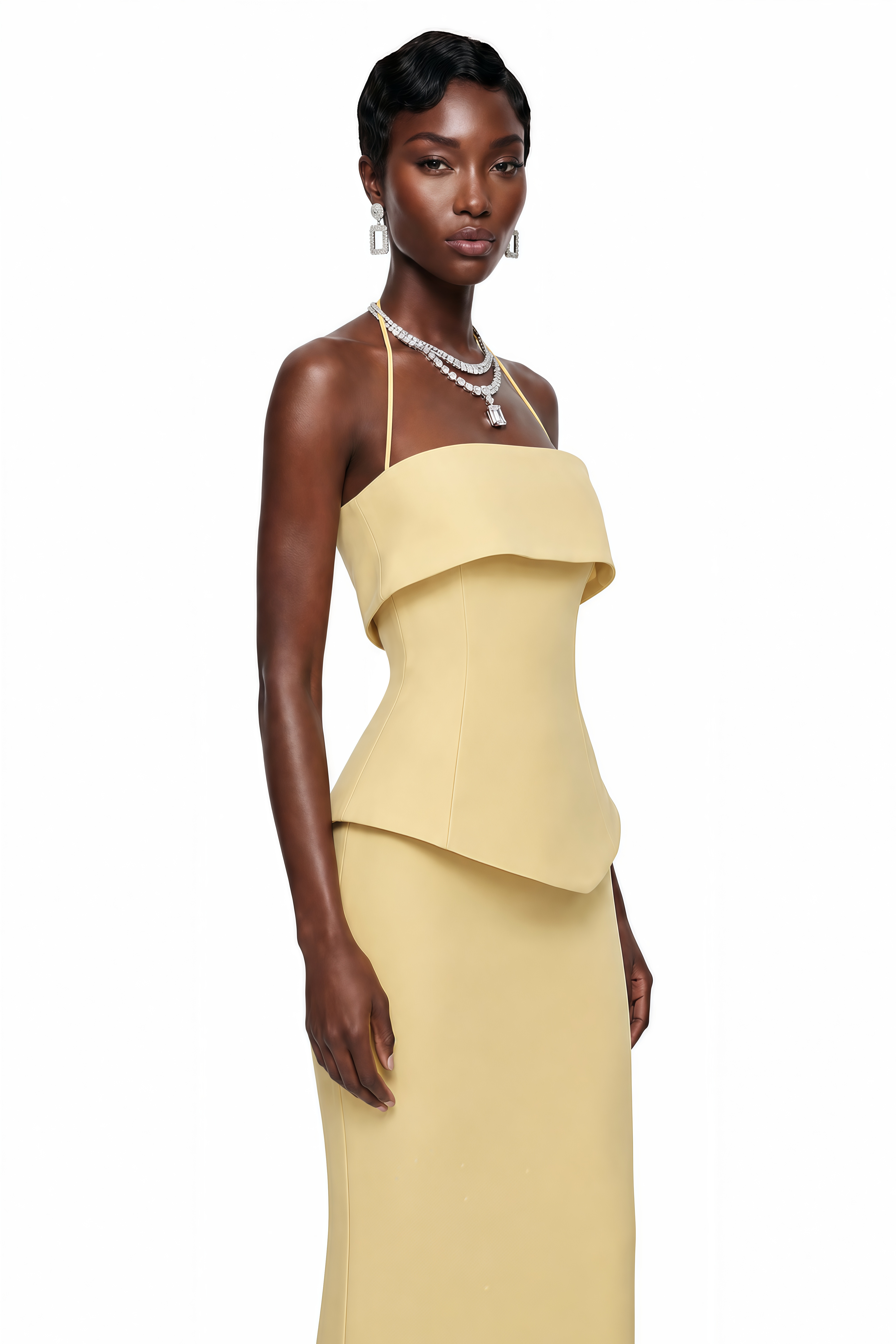 Penelope Yellow Halterneck Peplum Top & Skirt Set