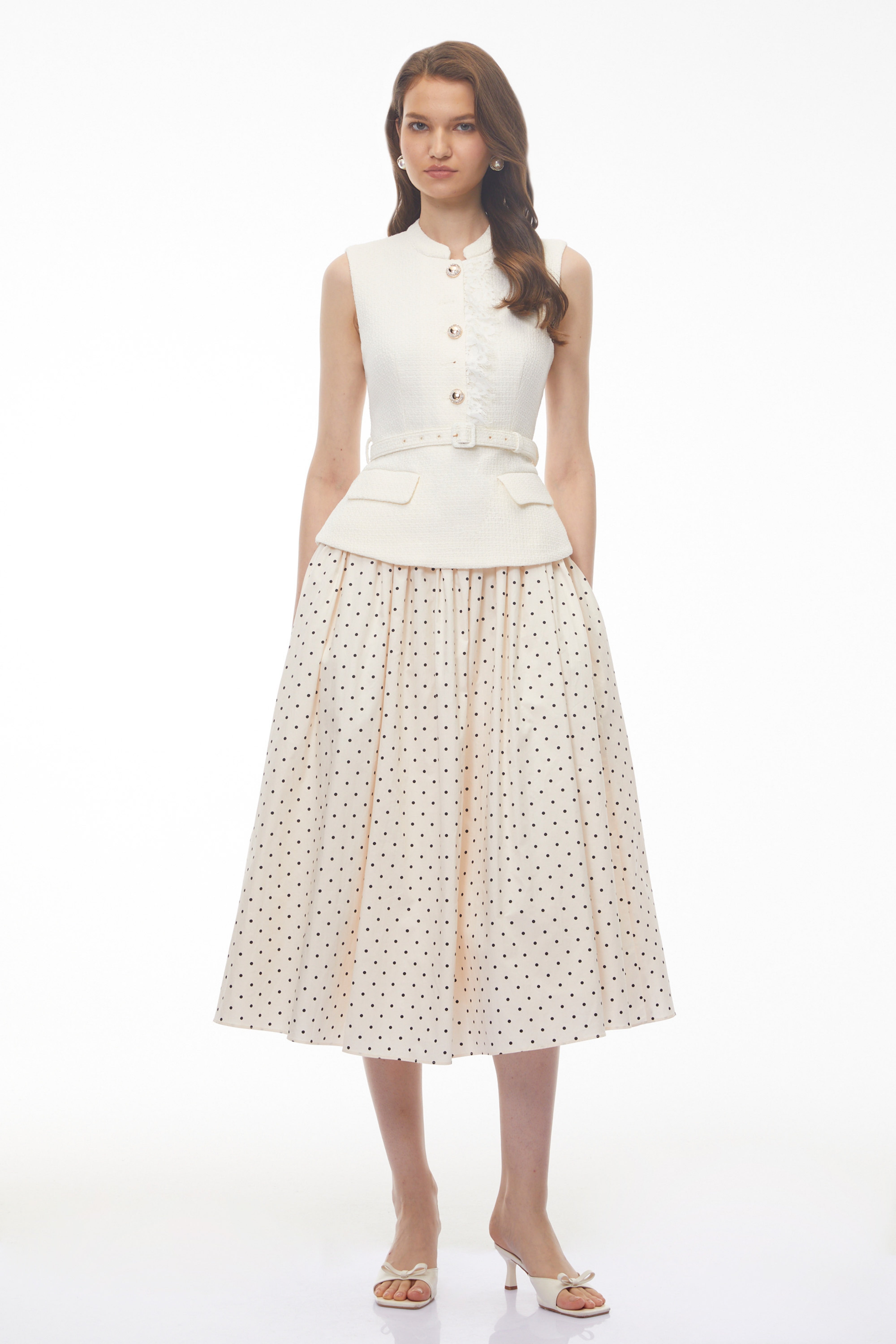Pernilla White Sleeveless Polka Dot Midi Dress with Panels