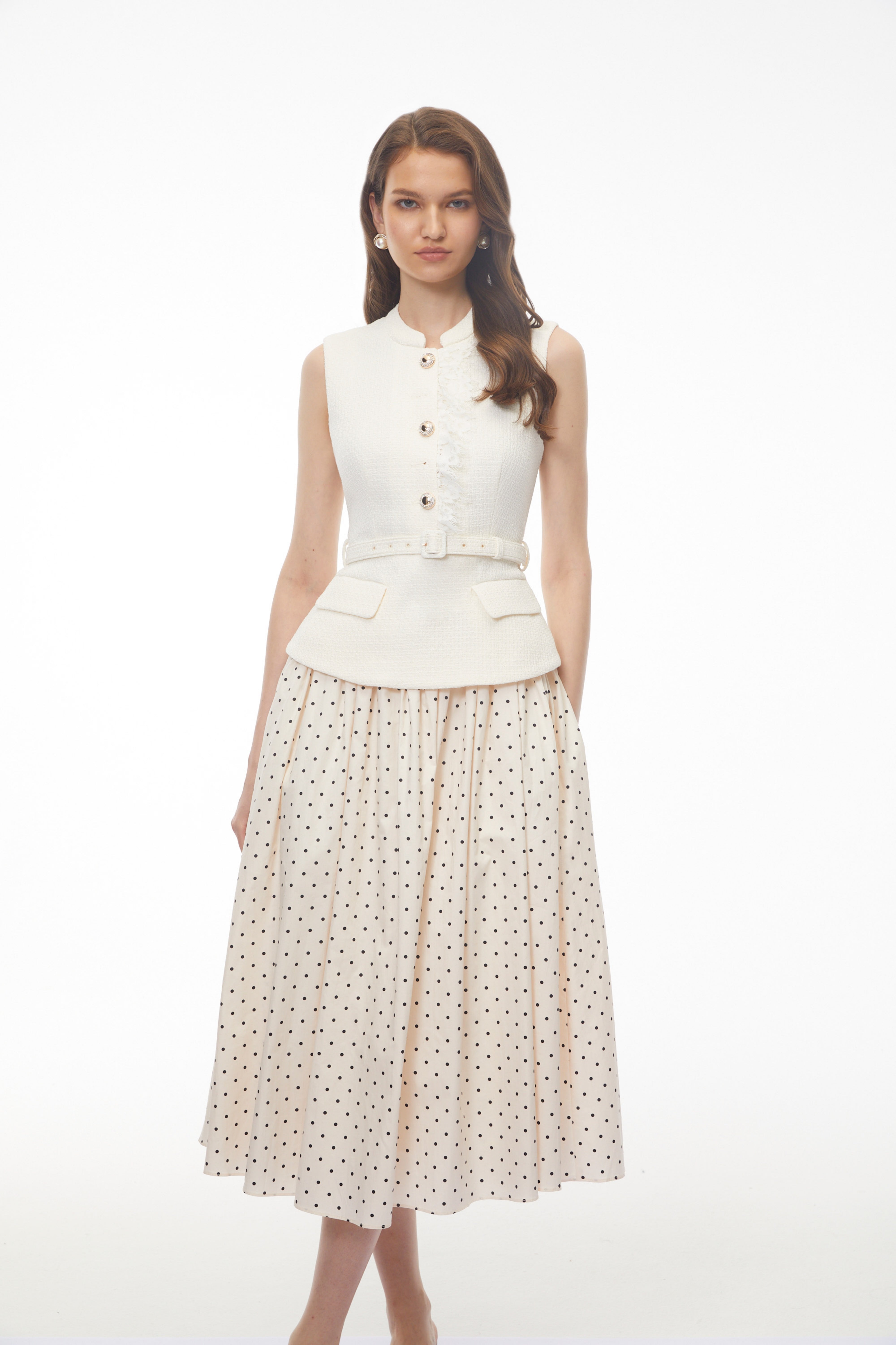 Pernilla White Sleeveless Polka Dot Midi Dress with Panels
