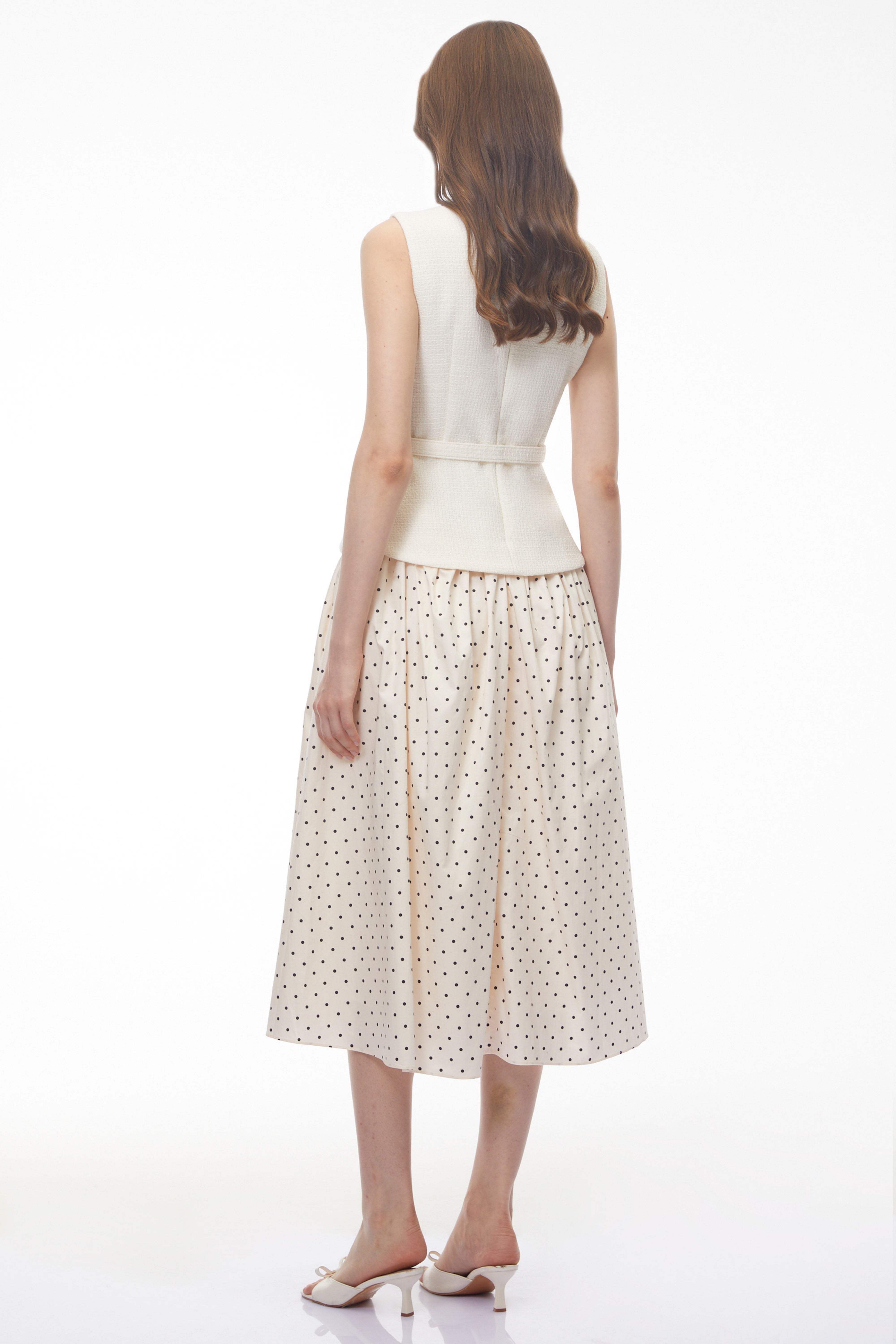 Pernilla White Sleeveless Polka Dot Midi Dress with Panels